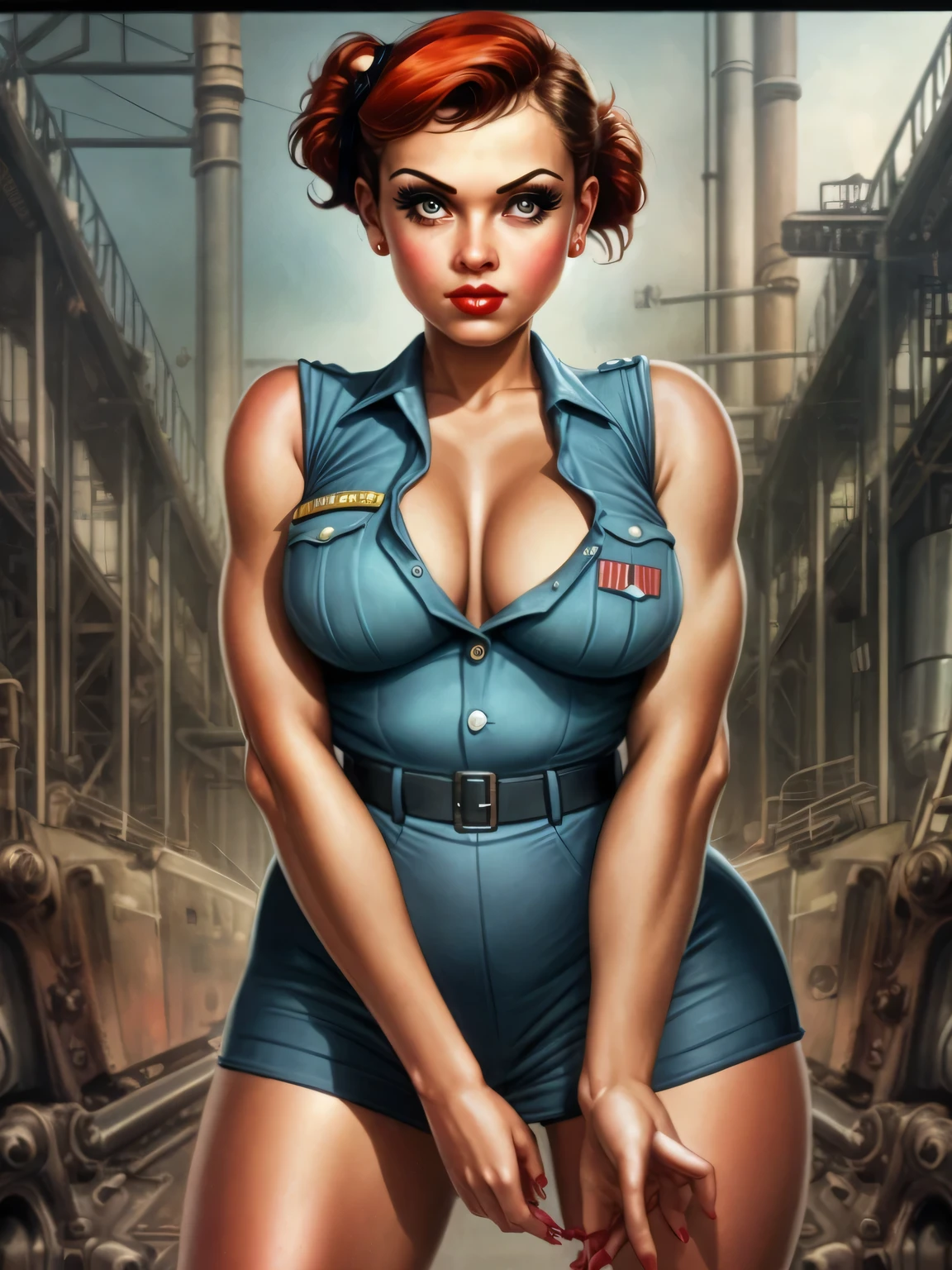 A Rosie the Riveter-inspired pin-up, her outfit and pose echoing the iconic image, set against a backdrop of a 1940s factory, the scene a vibrant, engaging homage to the women who worked on the home front during WWII.