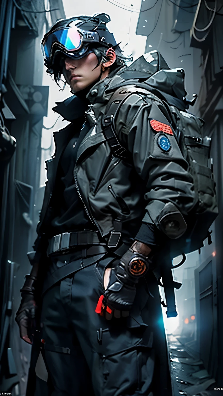 anime character, with a super detailed military costume, wearing a futuristic helmet and night goggles, holding a cyberpunk weapon, in a gloomy apocalyptic city, HDR, floating particles, lens blur, 18mm