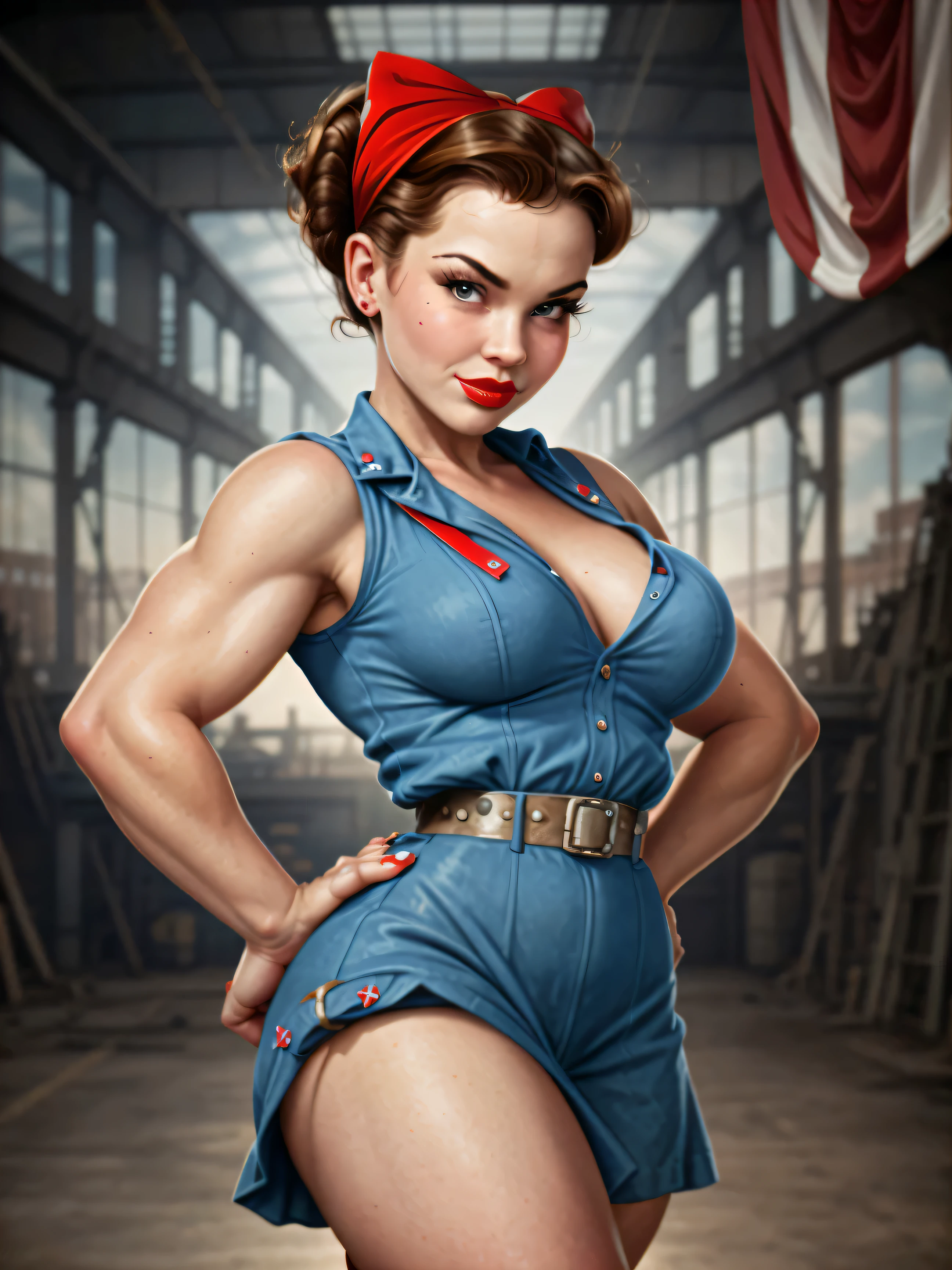 A Rosie the Riveter-inspired pin-up, her outfit and pose echoing the iconic image, set against a backdrop of a 1940s factory, the scene a vibrant, engaging homage to the women who worked on the home front during WWII.