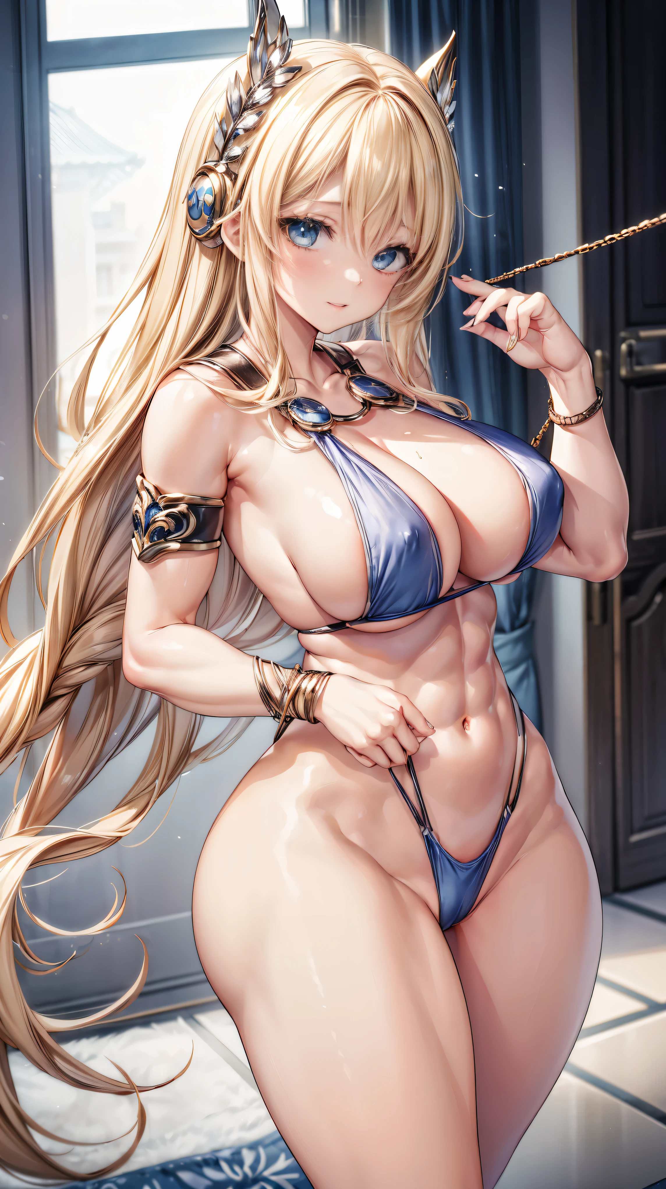 sensual, long blonde hair, thick thighs, 8k, 4k, highest quality, High resolution:1.2), cute anime face, noise reduction, shining blue eyes, gentle smile, kind eyes、toned abdominal muscles, muscular arms, muscular legs,  young face, anime eyes, (((big breasts、A chest that is about to burst)))、(((bondage style)))、(((Rear view、I&#39;I&#39;ll turn around、T-back song that bites into your butt)))、(Sophitia Alexandra)