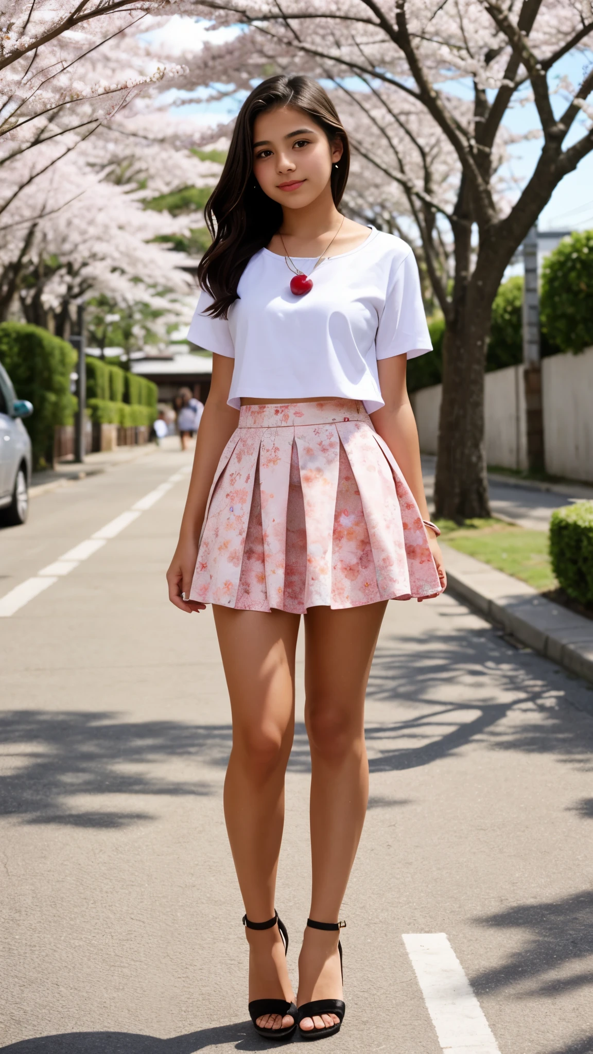 Beautiful 13 year old Latina teenager, short sleeve shirt, small neckline, mini skirt, high heels, Japanese country street, cherry blossom trees