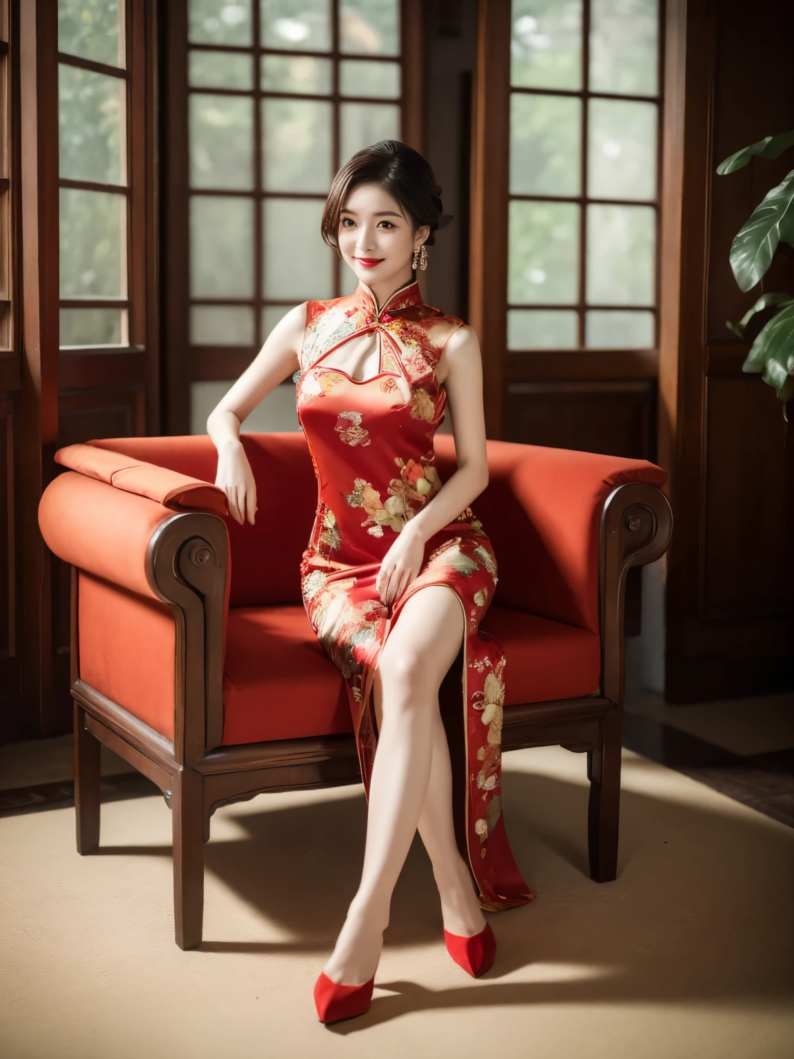 Cinematic lighting, ray tracing, film grain, depth of field, UHD, masterpiece, best quality, super detail, award winning, highres, high details, Real human skin, natural skin texture, 1girl, oval face, qipao, full body,big chest,indoor, (((expose thighs))), Bare thigh, nice leg, ((Breast)), A plump figure, whole body, kiss, ((Red chinesedress)), sat on the ground, smile, High heels, (sitting:1.3), Chinese furniture, vases, sense of space, light on the face, depth of field, natural light, Flowers, plants, art Deco design,