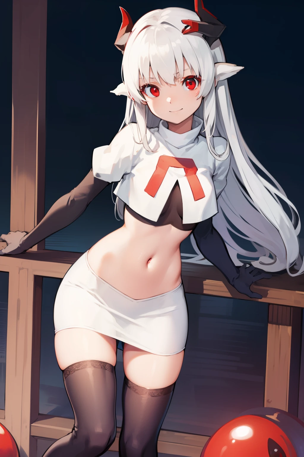 best quality, masterpiece, detailed, fantasy,
tyuule,
closed mouth, smirk,
white hair, very long hair, rabbit ears, red eyes, rabbit tail,
navel, team rocket,team rocket uniform, red letter R, white skirt,white crop top,black thigh-highs,black elbow gloves
looking at the viewer,