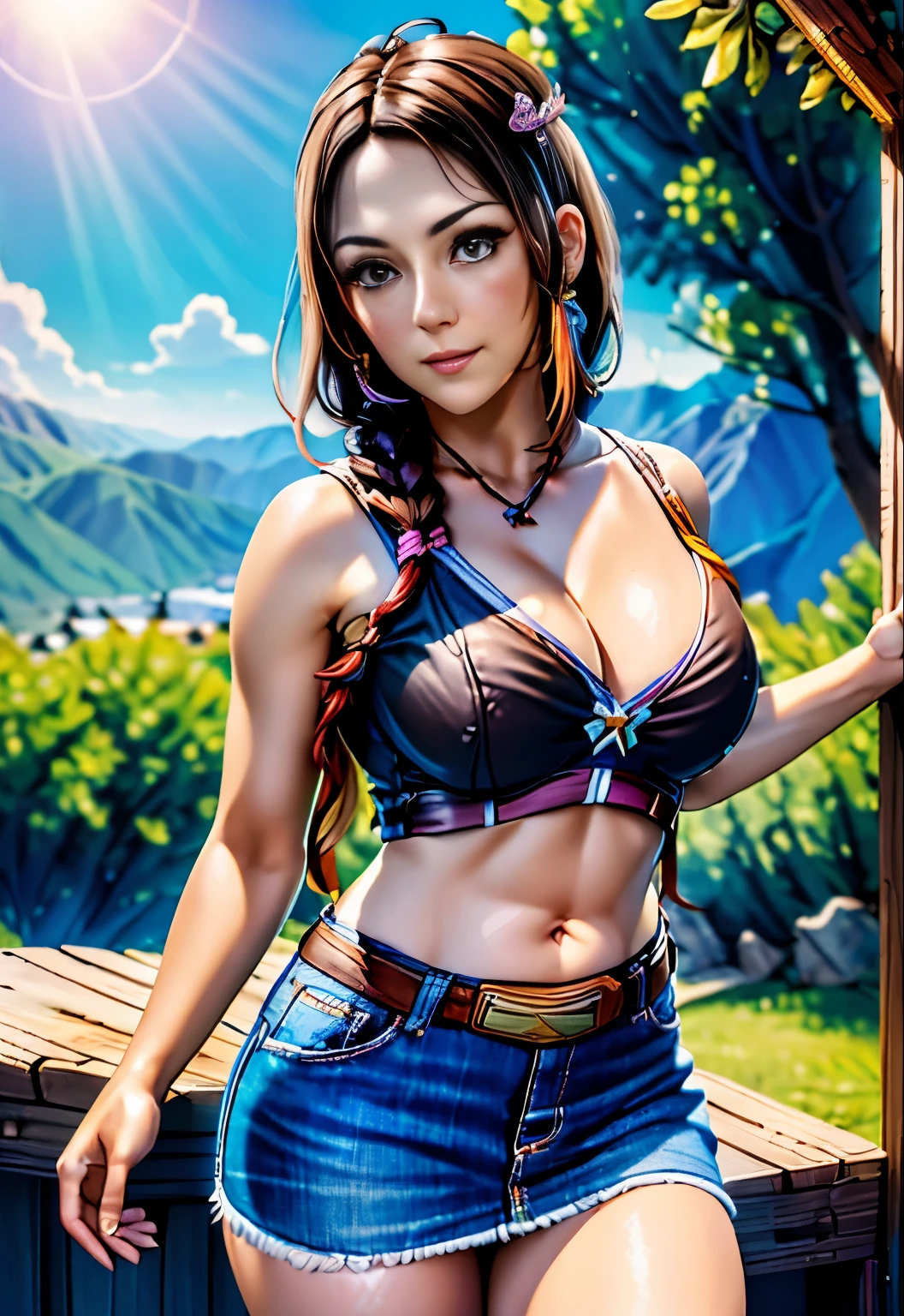 (photograph:1.3), high detail, Julia_Chang, 1 girl, job alone,show white panties, looking at the viewer, skirt, gloves, belly button, cleavage, bare shoulders, brown eyes, medium breasts, outdoors, shorts, Day, abdomen, belt, fingerless gloves, necklace, blurry, wood, crop top, blurry background, head band, Tank top, feather, denim, denim shorts, denim skirt, native american, dark red, gray, and black color, Bright colors, (summer, sunny weather:1.3), medium brightness lighting, (soft focus:1.3), (High praise, attractive, fascinating, exciting, nice, impressive:1.3), (surreal, sharp focus:1.3)