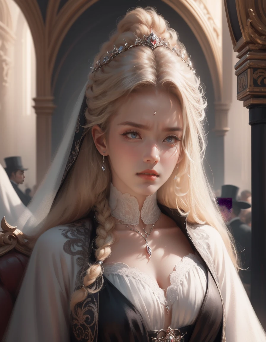 { - anatomy error}(Masterpiece - Ultra-detailed, very high resolution) Prepare to be enchanted by a true masterpiece that combines ultra-detailed art with high-resolution rendering. This work depicts a mesmerizing woman with very long blond hair (1.3) and captivating gray eyes (1.2), emanating an aura of elegance and mystery in Victorian settings. The intricate details and realistic textures invite you to explore every aspect of this enchanting composition. Woman wearing beautiful classic Victorian costume from the year 1878. Red lips. Happy face. Smiling. white (white) dress. beijando um homem, dynamic poses. Get ready to dive into a world where beauty and craftsmanship merge perfectly.