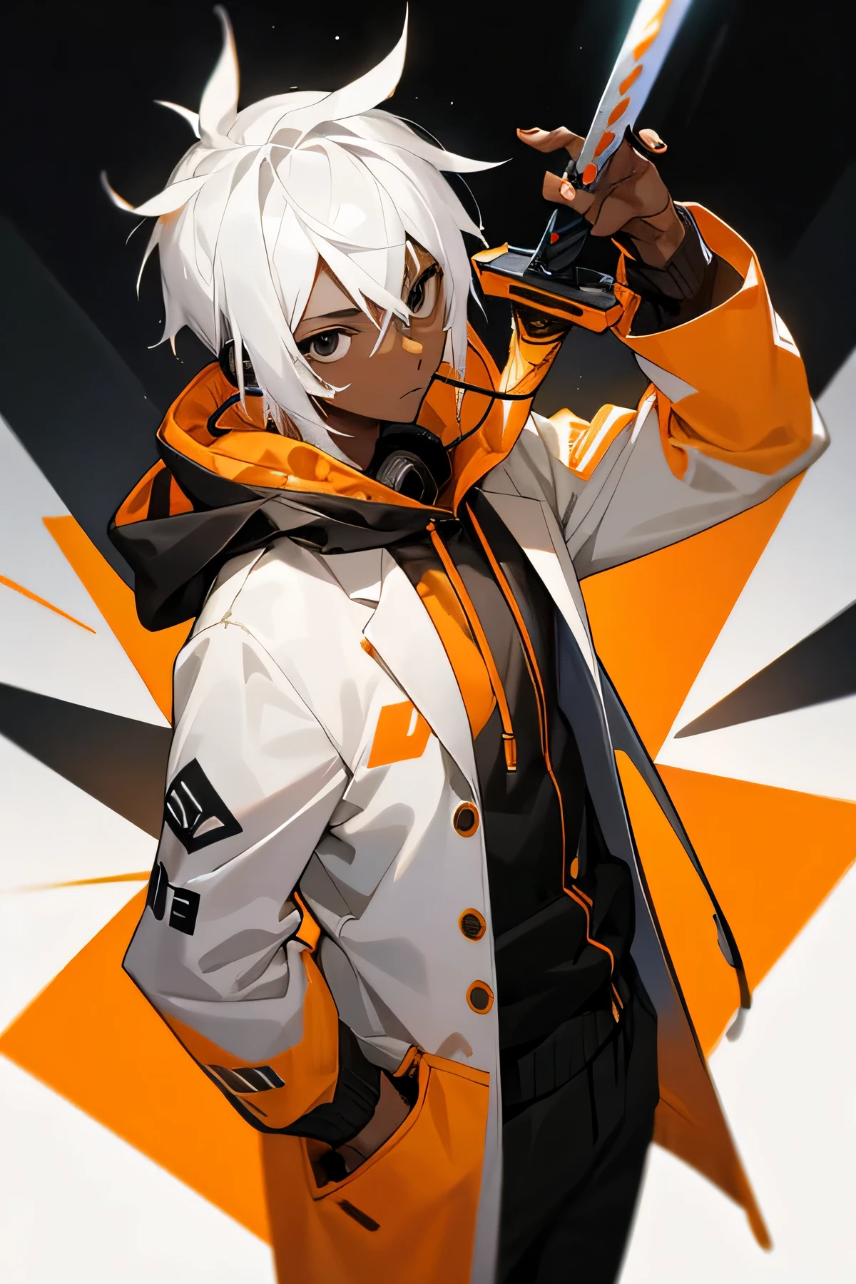 Male, , black eyes, White Hair, Orange Blazer Jacket with Hoodie, black skin color, Headphones, logo on the shirt, Techno Sword, Technology background, Masterpiece Quality, Perfect Generation.