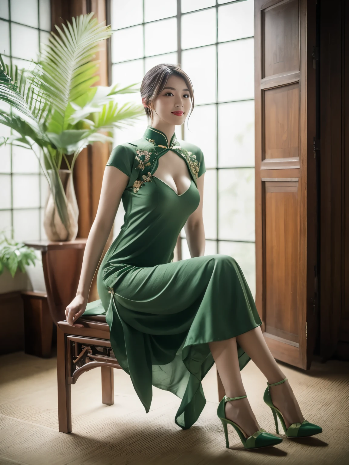 Cinematic lighting, ray tracing, film grain, depth of field, UHD, masterpiece, best quality, super detail, award winning, highres, high details, Real human skin, natural skin texture, 1girl, oval face, qipao, full body,big chest,indoor, (((expose thighs))), Bare thigh, nice leg, ((Breast)), A plump figure, whole body, kiss, ((Green chinesedress)), sat on the ground, smile, High heels, (sitting:1.3), Chinese furniture, vases, sense of space, light on the face, depth of field, natural light, Flowers, plants, art Deco design,