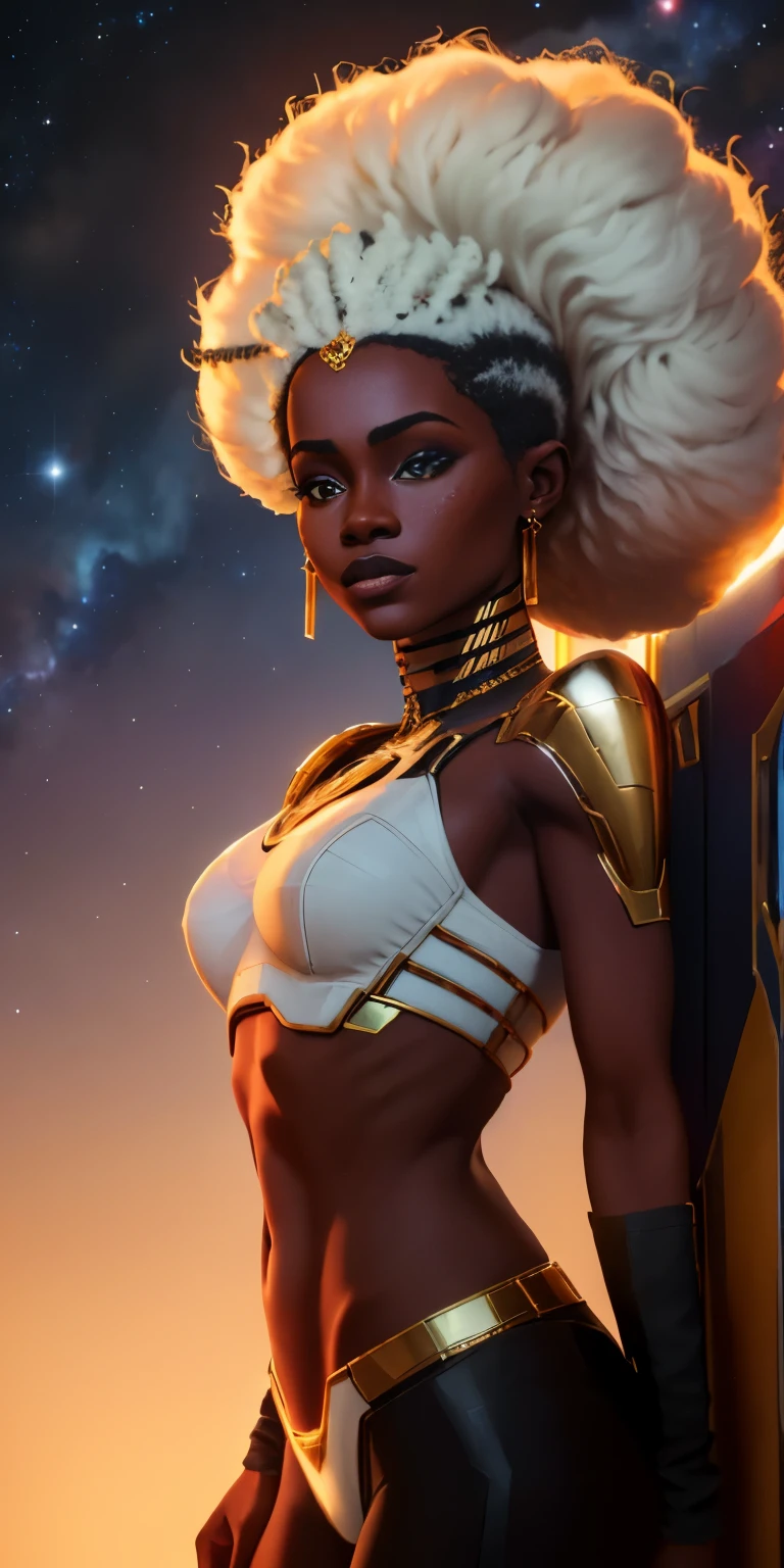 ((realistic image of a beautiful African-American woman, dark skin color)), beautiful smile, ((looking at the night sky, standing natural pose, in front of the Millennium Falcon)), wearing mandallor armor, long mega hair hair, dreadlocks, ((kanekalon)), camera view against plongée, golden ratio, dark background lighting, close-up, detailed facial details, perfect face, sharpness, trend art,  Sharp facial details, ultra high quality, line art, high fantasy, exquisite, 4k, soft lighting 8k, dreamy --iso 100