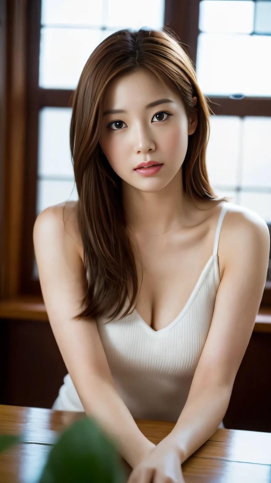 highest quality, table top, ultra high resolution, (Photoreal: 1.4), Front view, Half body, famous japanese actress, revealing clothing, very beautiful woman, cute, Cinematic 35mm lens, f/1 .8, Beautiful double eyes with equal left and right sides, 上Half bodyショット