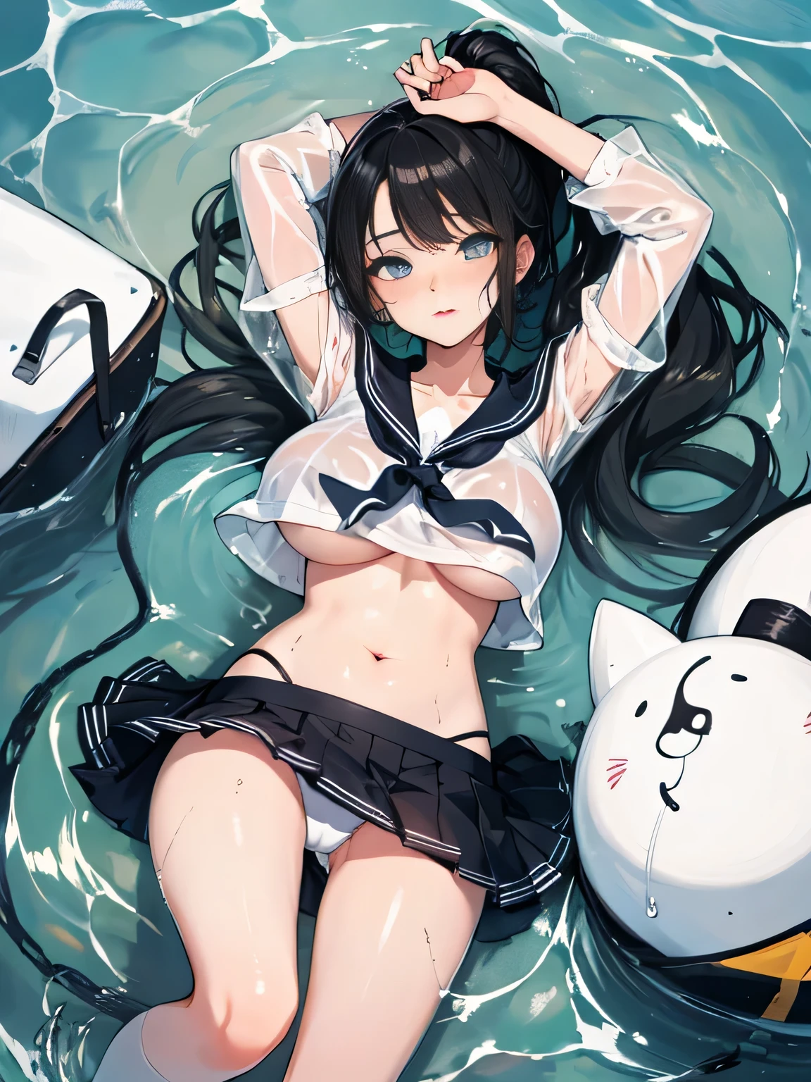 highest quality、High resolution、detailed background、Super detailed、beautiful and detailed face、beautiful and smooth skin、skin texture、professional lighting、Beautiful age girl、(huge breasts:1.1)、black hair ponytail、sexy sailor suit、Wet白い薄いセーラー服、Wet白い薄いプリーツのミニスカート、Thin white knee high socks、sleeveless、emphasize the chest、underboob、legs open、panty shot、cute、Raise your arms and show your sides、Thin white panties、lying on the beach、
全身がWet、My clothes are Wet and transparent、Wet、soak in water、See through、
Staring at you with cold eyes and a sexual expression、panty shot、camel toe、piece