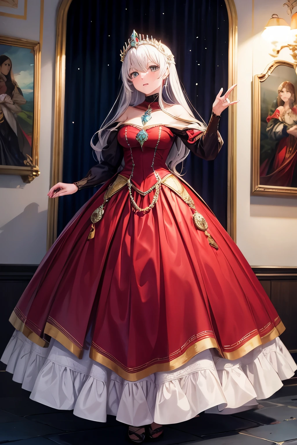 um vestido medieval em brancoe vermelho, de saia super volumosa, saia princesa rodada, gola alta, that covers the body from neck to toe, Covered neck, com uma jaqueta de pele longa em preto