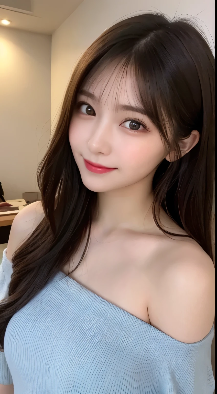 table top, highest quality, shape, Super detailed, finely, High resolution, 8k wallpaper, 完璧なダイナミックな構shape, beautiful and detailed eyes, off shoulder dress, small breasts, natural color lip,優しいsmile,20 year old girl、美しくdetailed face、perfect and beautiful face,Big eyes、美しくdetailed face、perfect and beautiful double eyelids、blur the background、Feminine poses、slim face and style、straight hair、Bedroom、lie in bed、 (get closer to the face, enlarge the face, face focus:1.0), break, (masterpiece, highest quality, Super detailed, detailed face, 8k)、real photos(best image quality)、shoot from above、with an upward glance、K-POPアイドルフェイス、smile