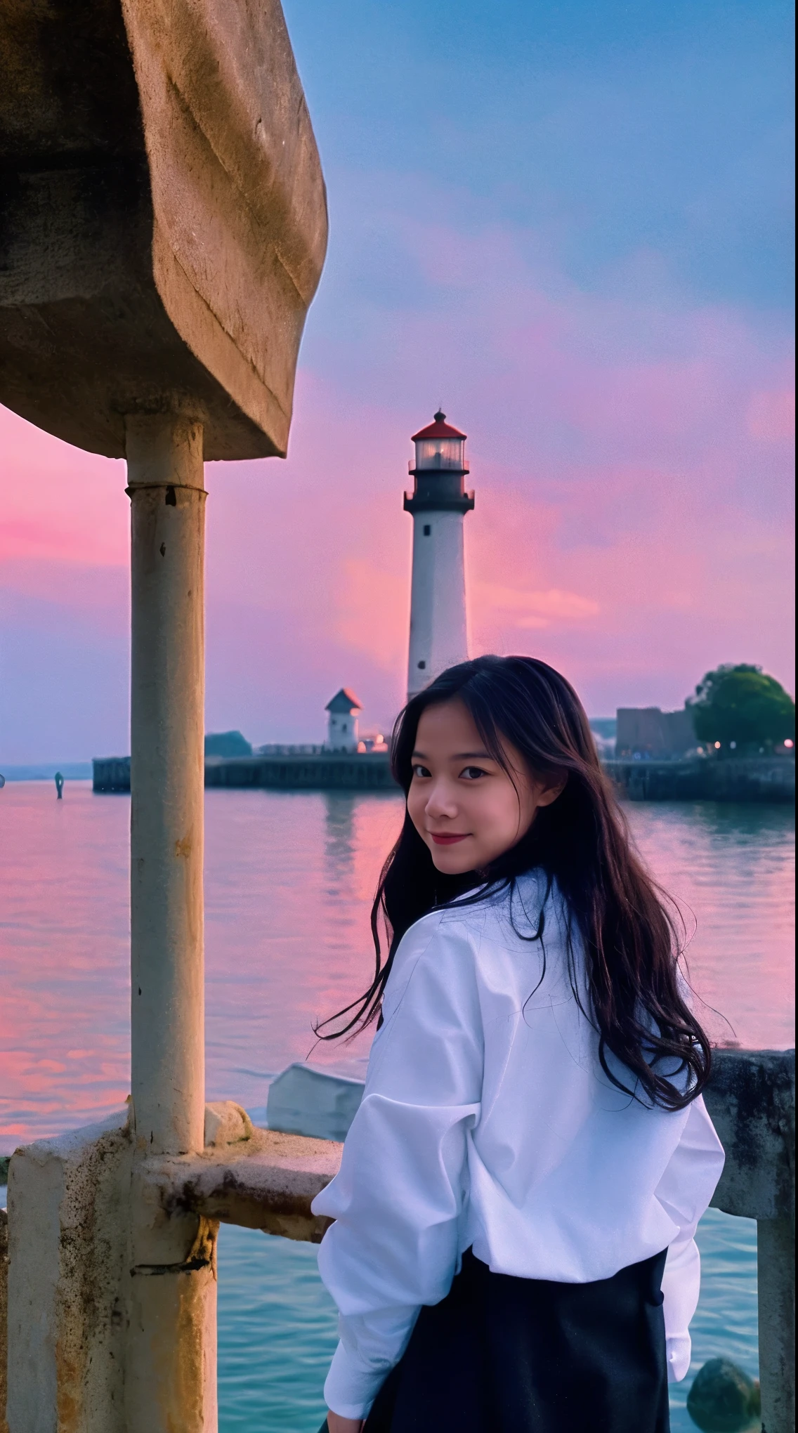 cinematic film still, 1girl, solo, little smile, beach,(sunset:1.1),  rio_kitagawa(gravure idol), solo,  star hair ornament, twin braids,sparkle, from behind, looking back, huge sunset,red floating, uniform, night, waving, sea, 1 lighthouse, . shallow depth of field, vignette, highly detailed, high budget, bokeh, cinemascope, moody, epic, gorgeous