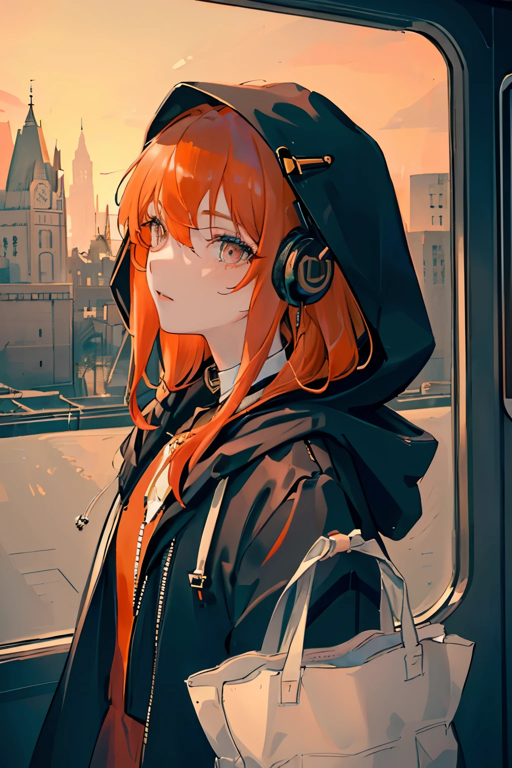 (masterpiece, side light, super detailed, Beautiful detailed eyes: 1.2), 1 girl, bag, building, From the side, headphones, hood, hood down, hooded Jacket, hoodie, Jacket, long hair, orange hair, profile, redhead, alone, train, train interior, Upper body, masterpiece, highest quality、holding a bouquet