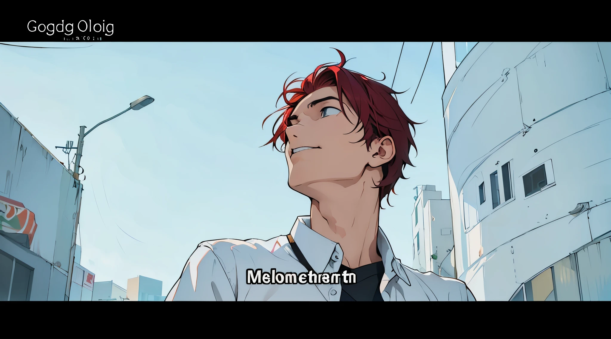 View from below we see an 18 year old boy with red wine hair looking up