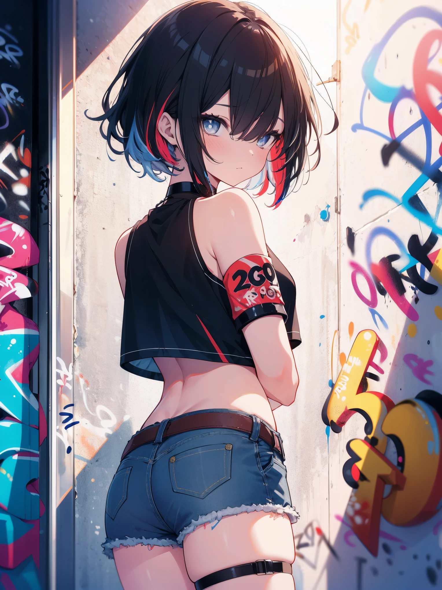 (cowboy shot), (best quality, ultra-high resolution, depth of field:1.2), adult, 1woman, solo, streaked hair, short hair, bangs, crop top, denim shorts, choker, (graffiti:1.4), paint splatter, arms behind back, (slouching), (leaning back:0.5), against wall, (leaning to the side:0.5), looking at viewer, armband, thigh strap, streaked hair, paint on body, upturned eyes, head down, head tilt, (from side:1), bored