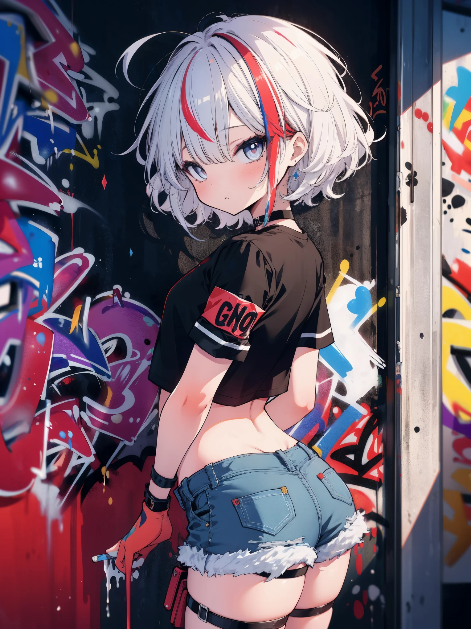 (cowboy shot), (best quality, ultra-high resolution, depth of field:1.2), adult, 1woman, solo, streaked hair, short hair, bangs, crop top, denim shorts, choker, (graffiti:1.4), paint splatter, arms behind back, (slouching), (leaning back:0.5), against wall, (leaning to the side:0.5), looking at viewer, armband, thigh strap, streaked hair, paint on body, upturned eyes, head down, head tilt, (from side:1), bored