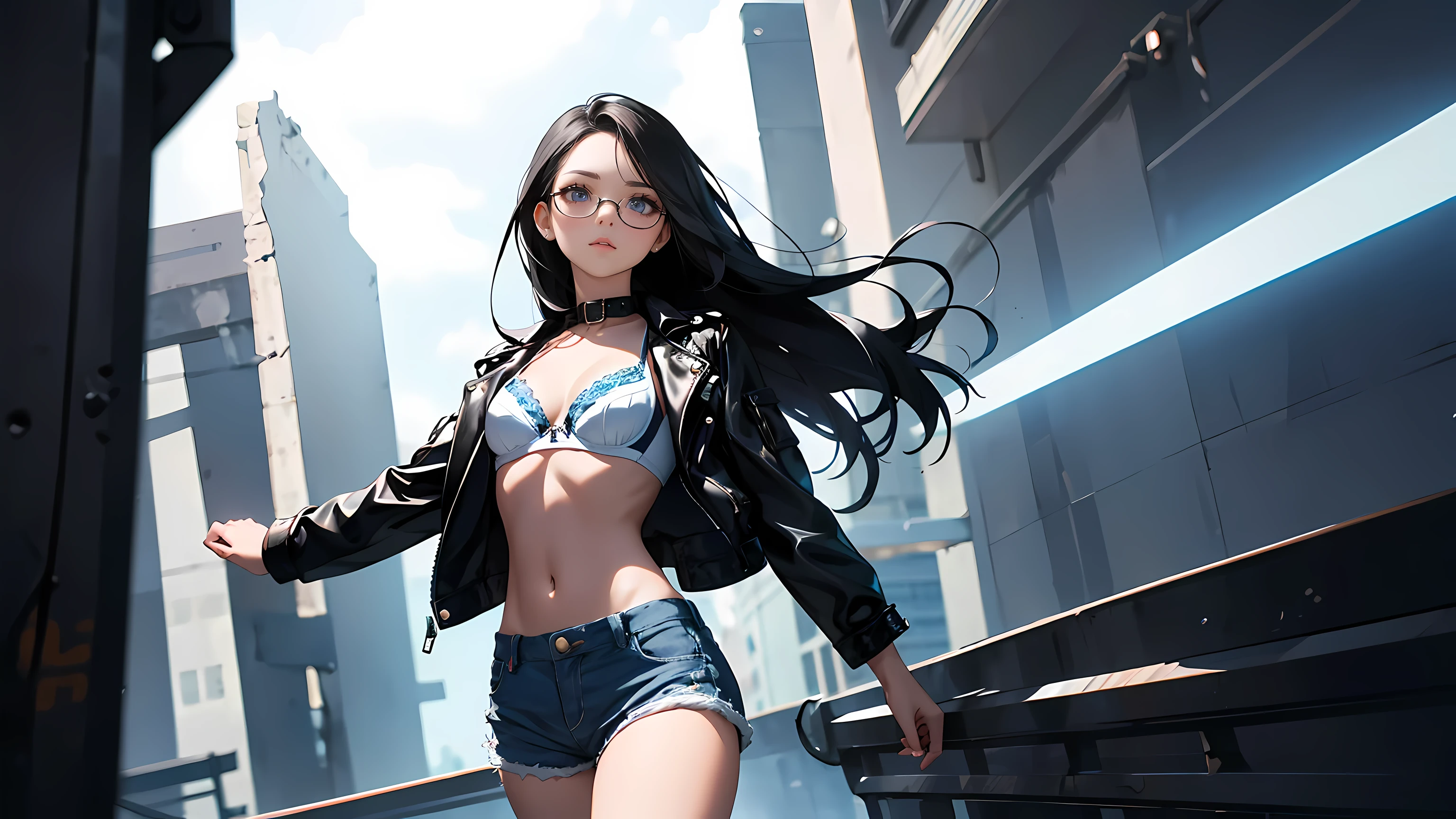 ((1girl)), one beautiful girl, detailed beautiful hair, detailed beautiful eyes, long black hair, small breasts, glasses, loose unzipped leather jacket, white bra, jean shorts, standing, dramatic pose, cowboy shot, cinematic lighting, dramatic lighting,