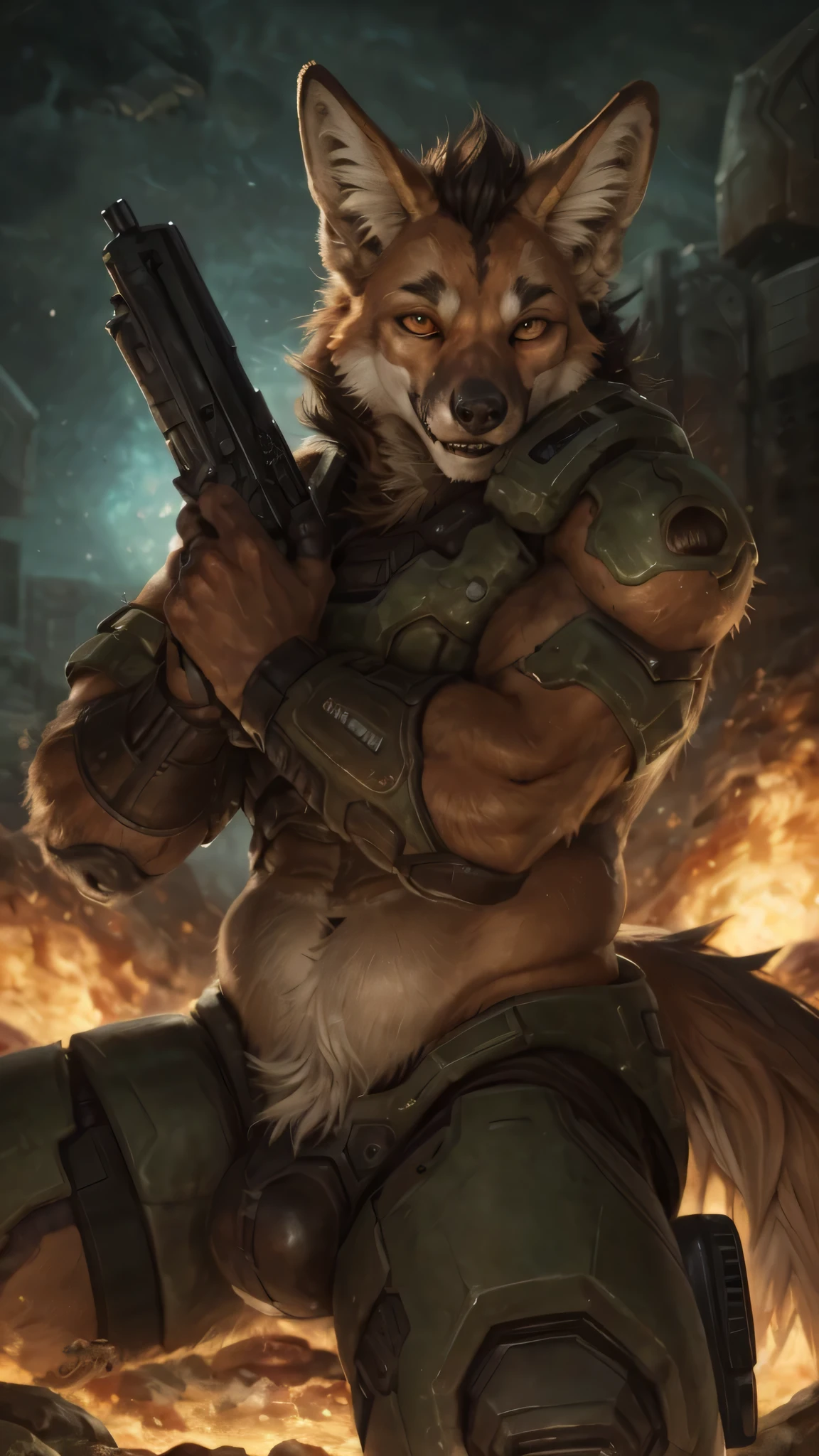 High detail, film, cinematic, realistic, masterpiece, male with(gun), (DOOM3), maned wolf, anthro, furry, maned wolf ears, detailed fur, solo, hell, mars, absurdres, best quality, HDR, high quality, high-definition, extremely detailed, 8k wallpaper, intricate details, 8K uhd, Full-HD, (by darkgem:0.7), (by shibashake:1.0), ((by darkvan:)), ((by oouna)), (by pino daeni:1.2)