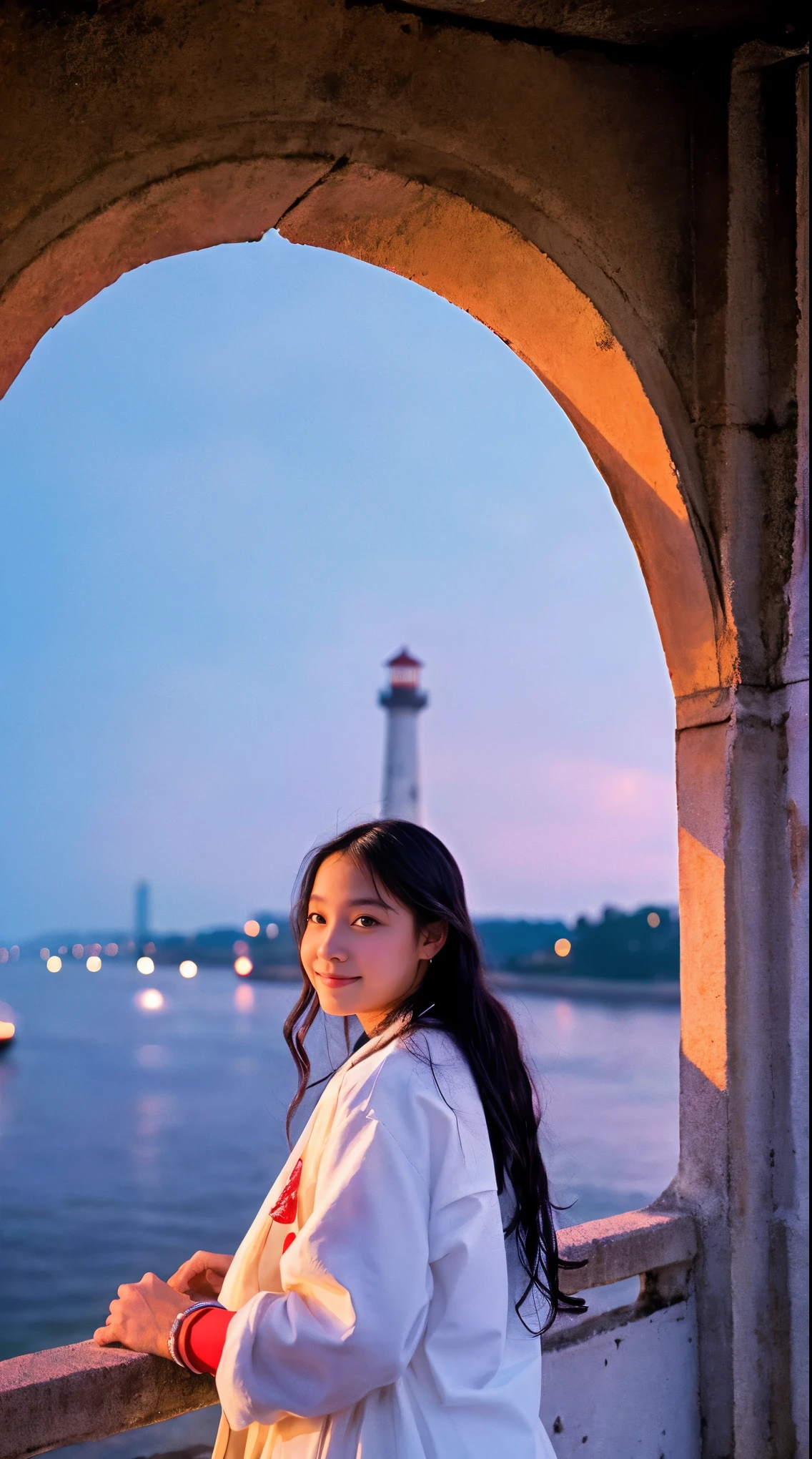 cinematic film still, 1girl, solo, little smile, beach,(sunset:1.1),  rio_kitagawa(gravure idol), solo,  star hair ornament, twin braids,sparkle, from behind, looking back, huge sunset,red floating, uniform, night, waving, sea, 1 lighthouse, . shallow depth of field, vignette, highly detailed, high budget, bokeh, cinemascope, moody, epic, gorgeous