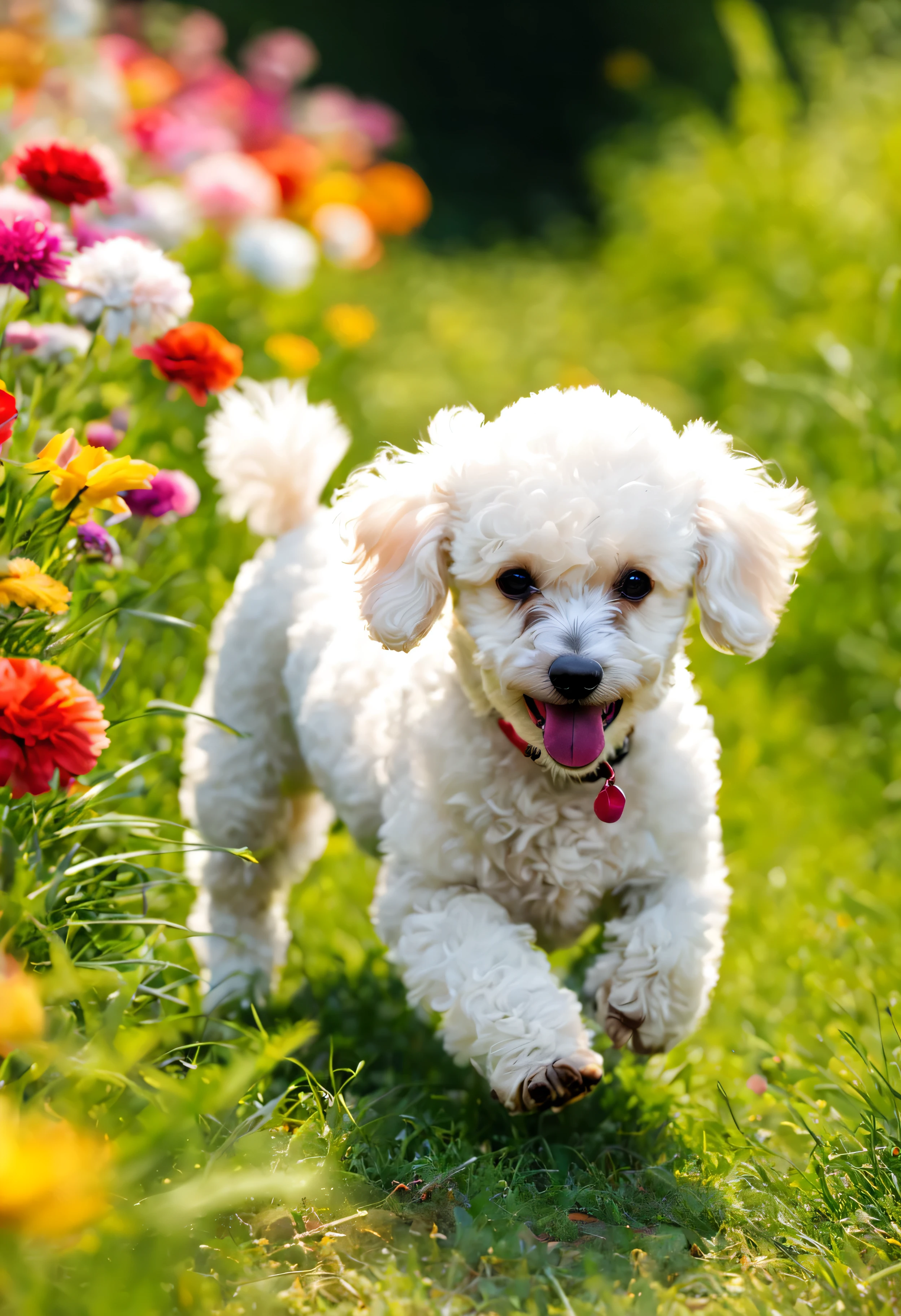 a white poodle filhote de cachorro, brincando na grama, average,filhote de cachorro,playful,Curioso,kawaii,soft fur,patas grandes,abanando o rabo,olhos ansiosos,flores coloridas,luz do sol,vegetation,saltar e correr,high resolution,Realista,Happy expression,animal descansando,cores vibrantes,natureza,atmosfera animada,sharp details,bokeh.