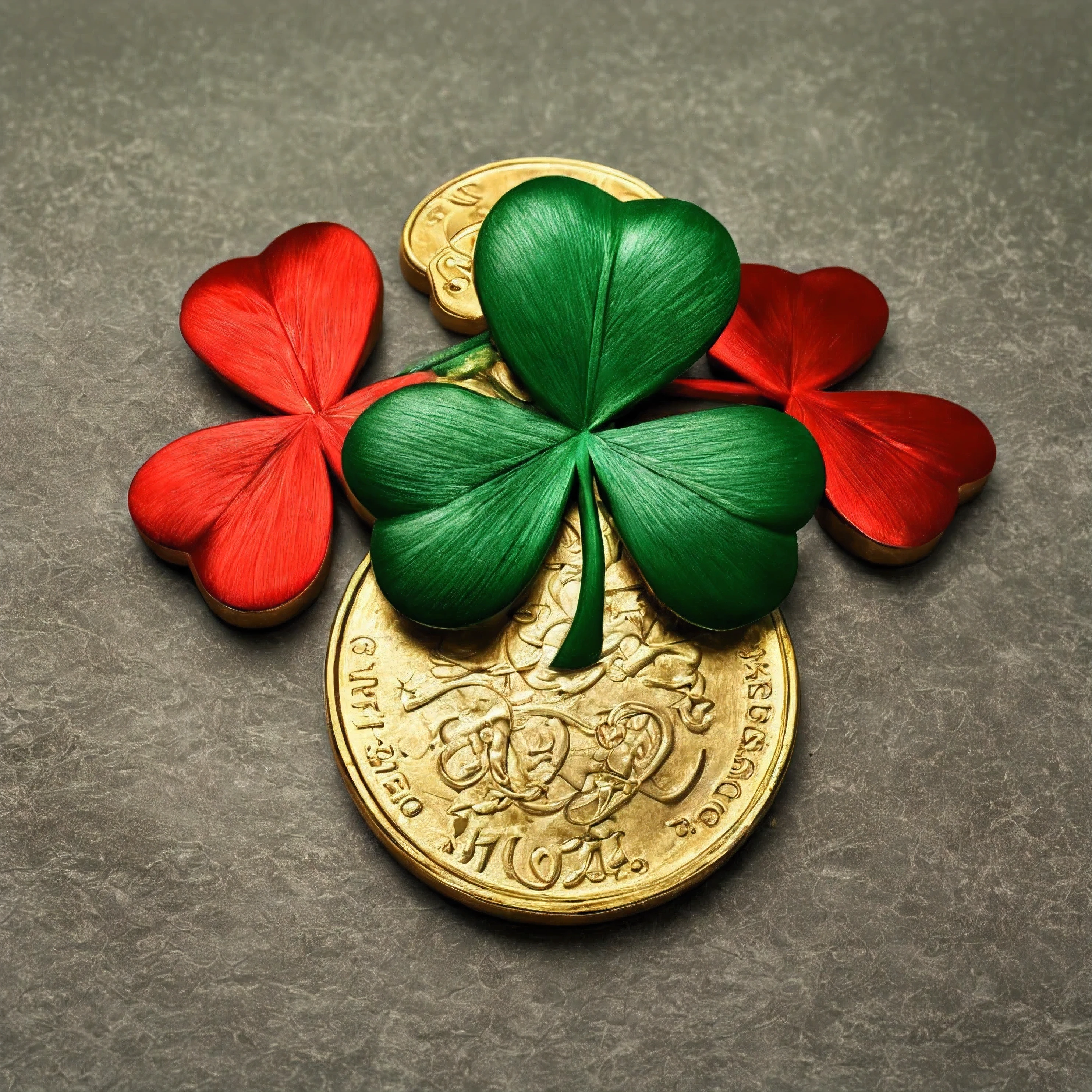 3 shamrocks, red and green brushed, art, shamrock gold coins, colorful, vibrant scene, no background