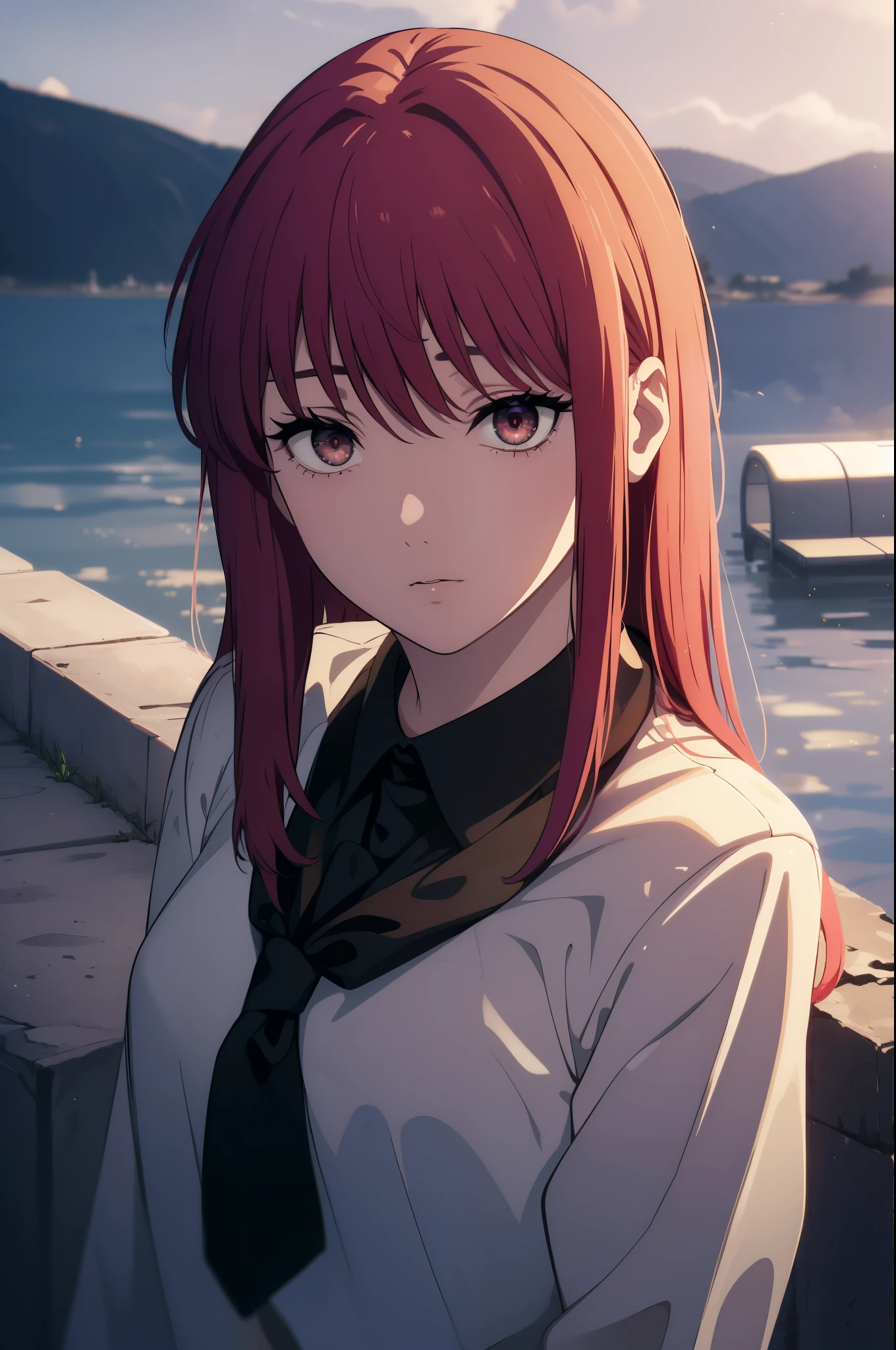 ((((Obra maestra, La mejor calidad, ultrahigh resolution)))), 1girl, looking at viewer, standing, upper body, red hair, beautiful face, outside, wind blowing, detailed face, eyeliner, detailed red gradient eyes, shiny red eyes, black pupils, school uniform, face focus