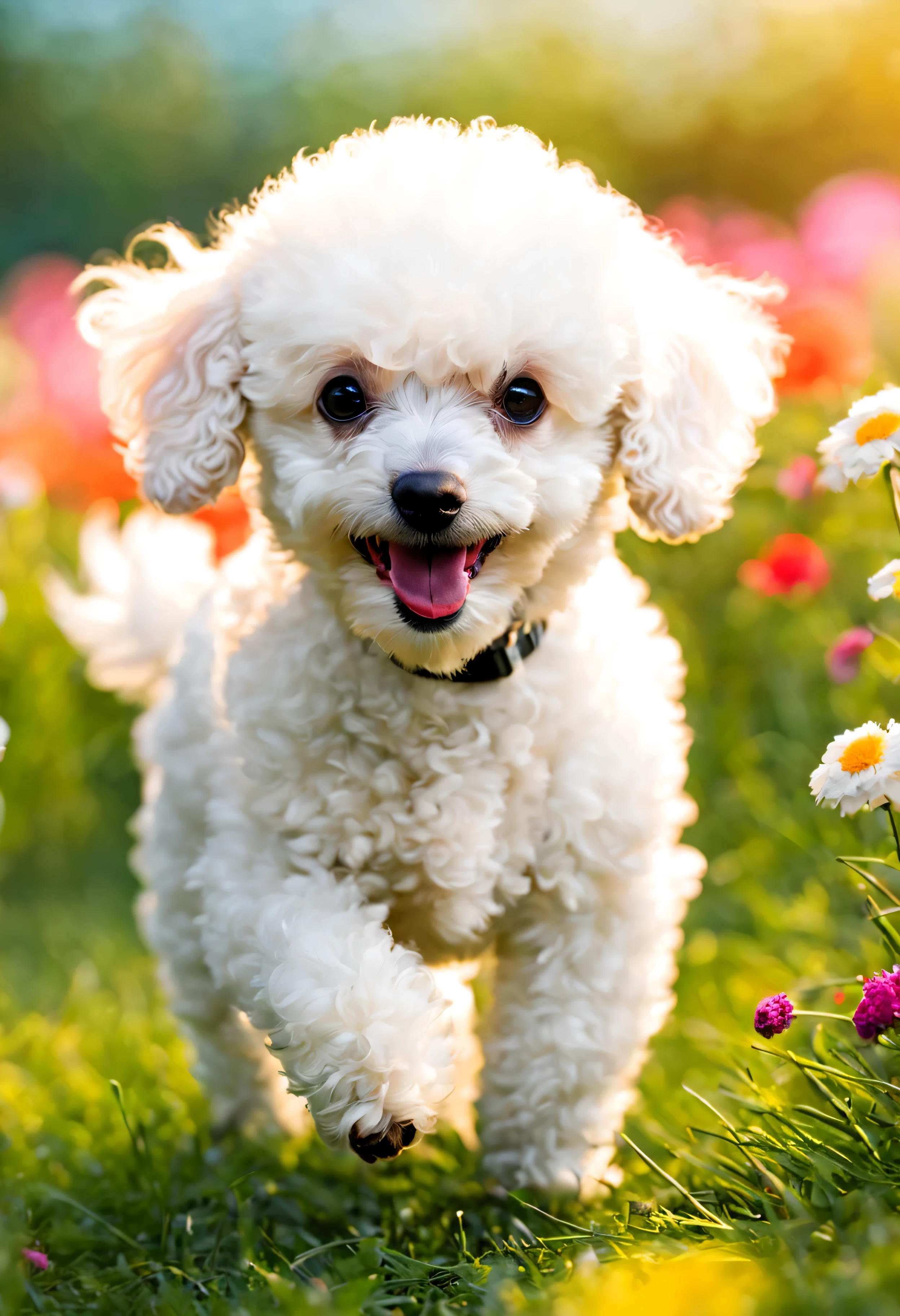 a white poodle filhote de cachorro, brincando na grama, average,filhote de cachorro,playful,Curioso,kawaii,soft fur, abanando o rabo,olhos ansiosos,flores coloridas,luz do sol,vegetation,Pular e correr,high resolution,Realista ,Happy expression,animal descansando,cores vibrantes,natureza,atmosfera animada,sharp details,bokeh.