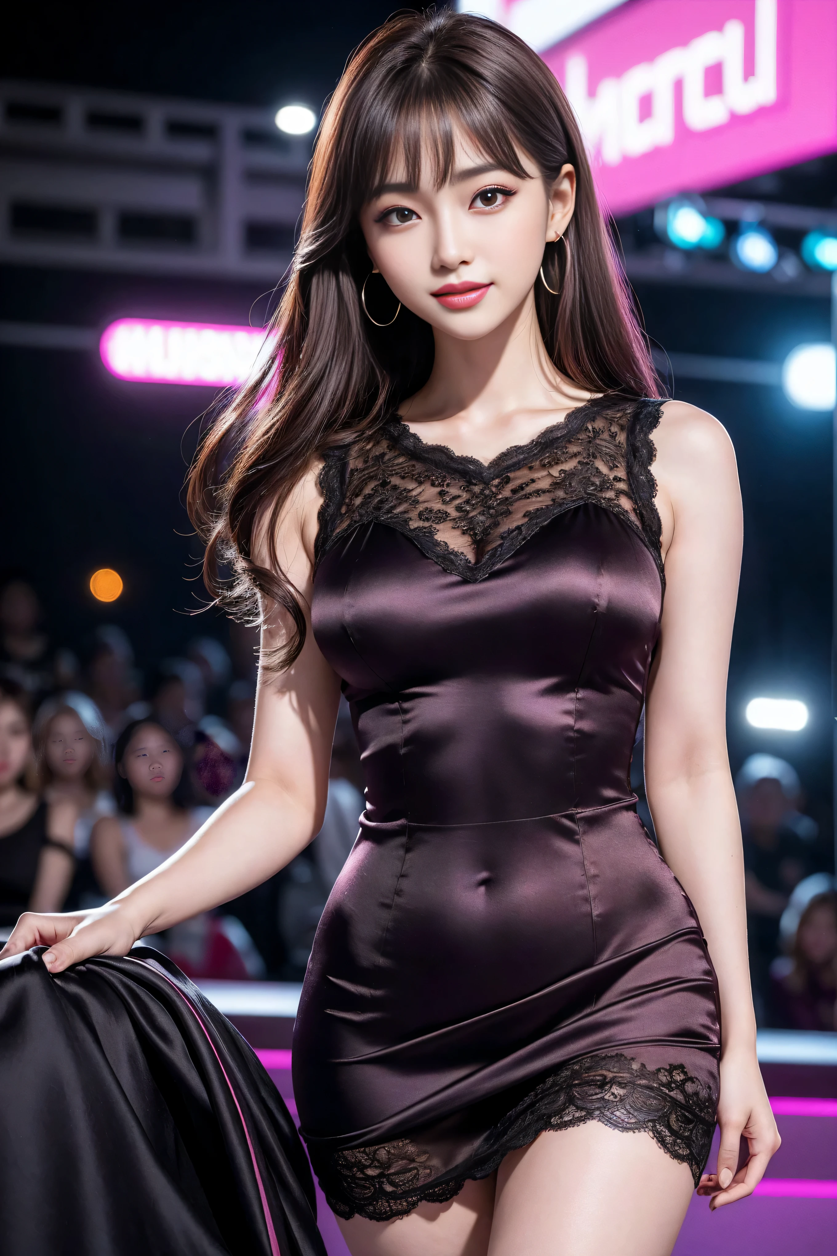 8K, masterpiece, original photo, best quality, lifelike, Extremely detailed CG unified 8k wallpaper, Depth of Field, Light, 镜头Light晕, Light线追踪, (Extremely beautiful face, Beautiful lips, beautiful eyes), Delicate face, ((Super delicate skin)) 1 girl, in the darkness, Deep Shadows, Beautiful Korean girl, Korean Idol, 2 girls, (Very slim slender fit-muscled body:1.3), ((Looking at the audience)),(A bright smile:1.3), (Hot Pink Shirt), (sleeveless) , (Fashion City Night, Night, (Neon), (Blurred background), fashion street night scene),(No people in the background:1.3), Beautiful earrings, bracelet, necklace, Pantyhose, Clear eyes, Walk, (Pale skin), (big eyes), Facing forward, ((Upper body shooting)), ((Dress in silk color:1.3)),(Brown-haired girl),((tight fitting Lace dress)), (Lace dress), (see through), (Looking at the audience:1.3) Open your heart, Very slim, Medium breasts, Looking Back,((Horizontal)), see through, Medium butt