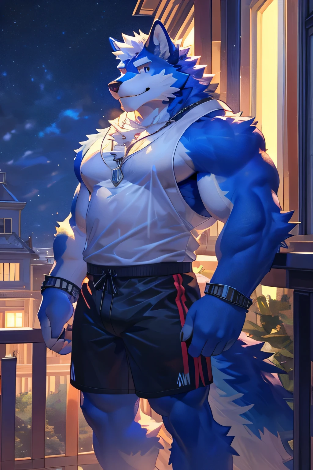 solo,anthro,furry,furry male, blue wolf,((fluffy fur, fluffy, furry body)), (blue wolf), vibrant blue body, red eyes, tail, detailed fluffy fur, detailed face, smiling, detailed eyes, detailed white chest, thick eyebrows, white hair, short hair, full body, blue parkour outfit, sport shorts, silver necklace, tank top with straps, necklace, no bracelet, Simple background,(by null-ghost,by raccoon21, masterpiece,high quality, hi res, 8k hd),close-view portrait, looking at viewer, night, outdoors, balcony, posing with one arm up, Standing.