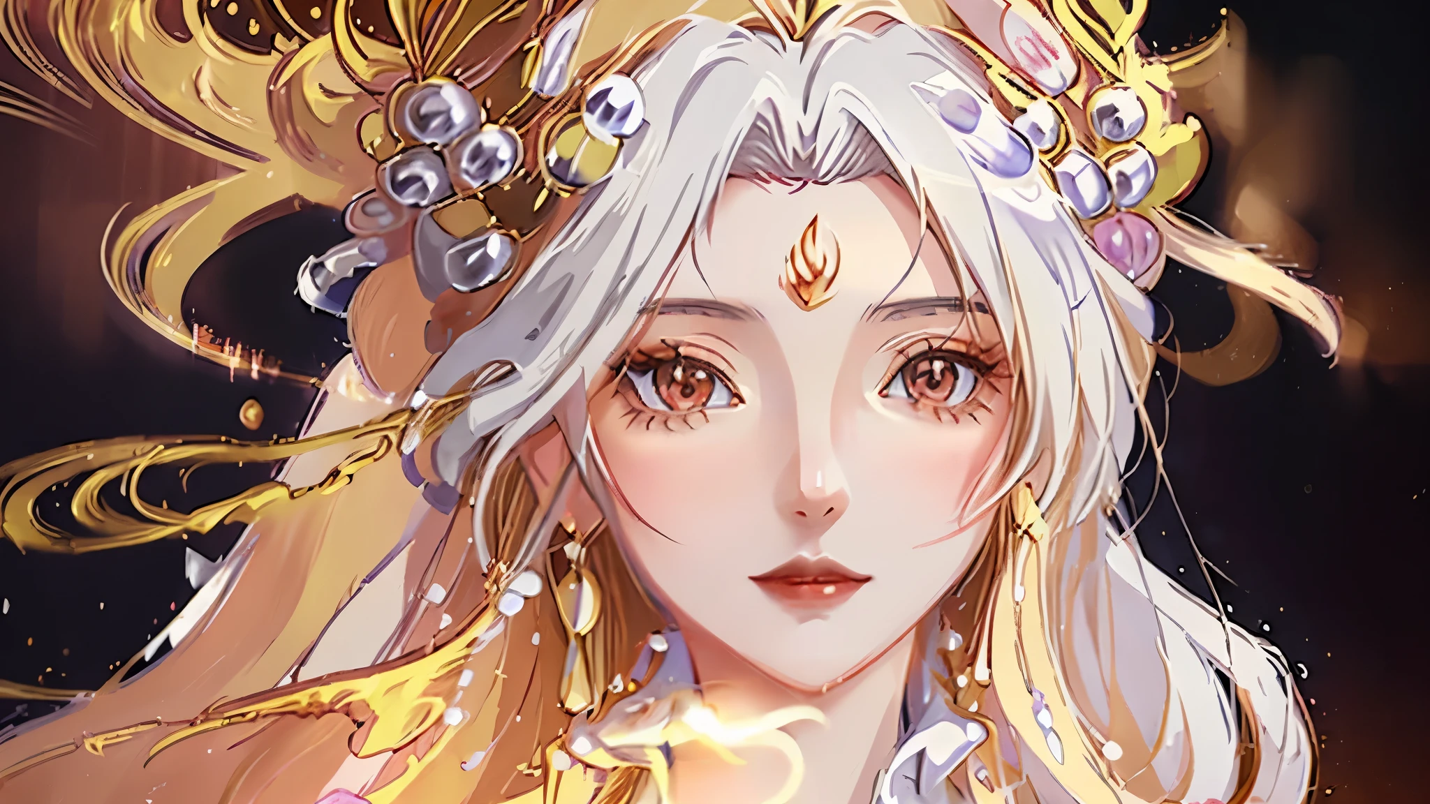 Anime girl with long blond hair and gold jewelry in front of black background, Onmyoji detailed art, anime goddess, Onmyoji portrait, Onmyoji, White-haired God, Goddess Artemis giggles, moon goddess, Complex and gorgeous anime CGI style, beautiful fantasy queen, Works of the Goddess of Sorrow, moon goddess, moon goddess
