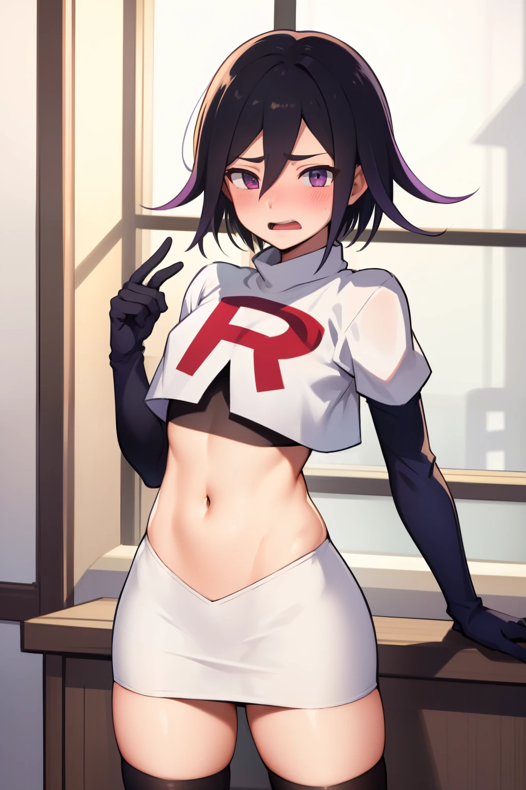 absurdres, cowboy shot, solo, male focus, trap, 1boy, crossdressing,1boy, oma kokichi, team rocket,team rocket uniform,white skirt,red letter R,crop top,black thigh-highs,black elbow gloves, embarrassed, blush