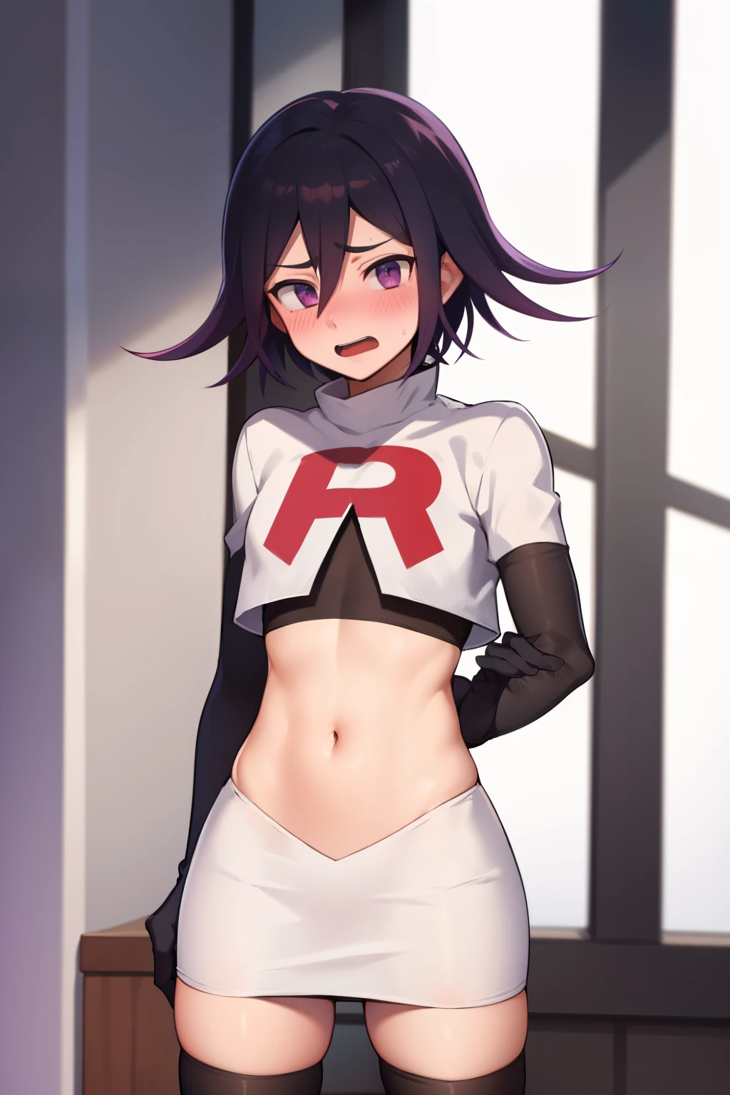 absurdres, cowboy shot, solo, male focus, trap, 1boy, crossdressing,1boy, oma kokichi, team rocket,team rocket uniform,white skirt,red letter R,crop top,black thigh-highs,black elbow gloves, embarrassed, blush