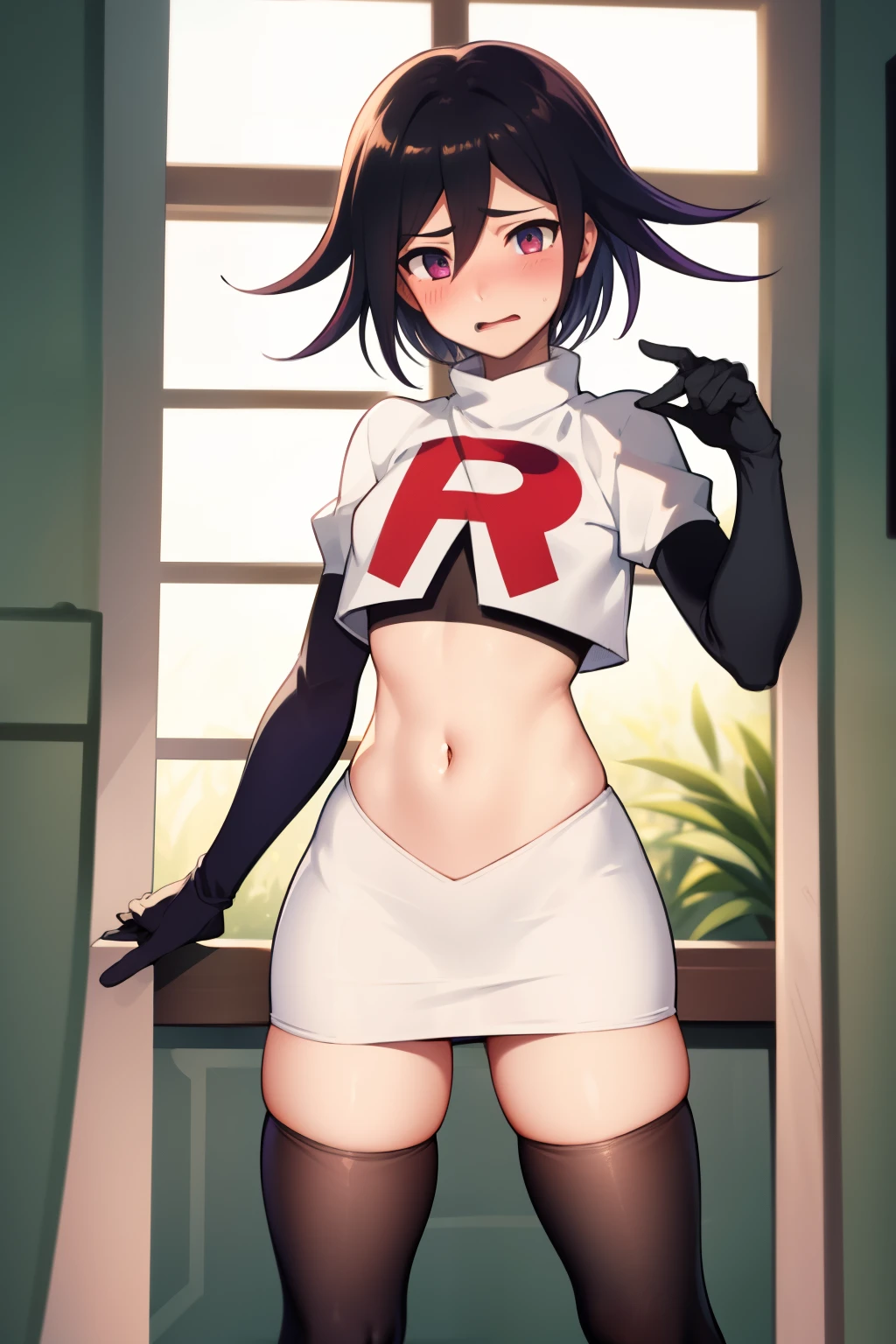 absurdres, cowboy shot, solo, male focus, trap, 1boy, crossdressing,1boy, oma kokichi, team rocket,team rocket uniform,white skirt,red letter R,crop top,black thigh-highs,black elbow gloves, embarrassed, blush