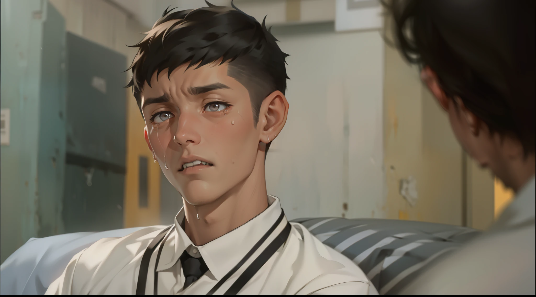 There is a very upset boy, he is shouting with fury, he is about to cry, he has tears in his eyes, there is a handsome 18-year-old boy, he is amazed and scared, he is reacting to bad news, he has short hair, silver hair and gray eyes, sitting listening to his director. the sucatriz school in the face
