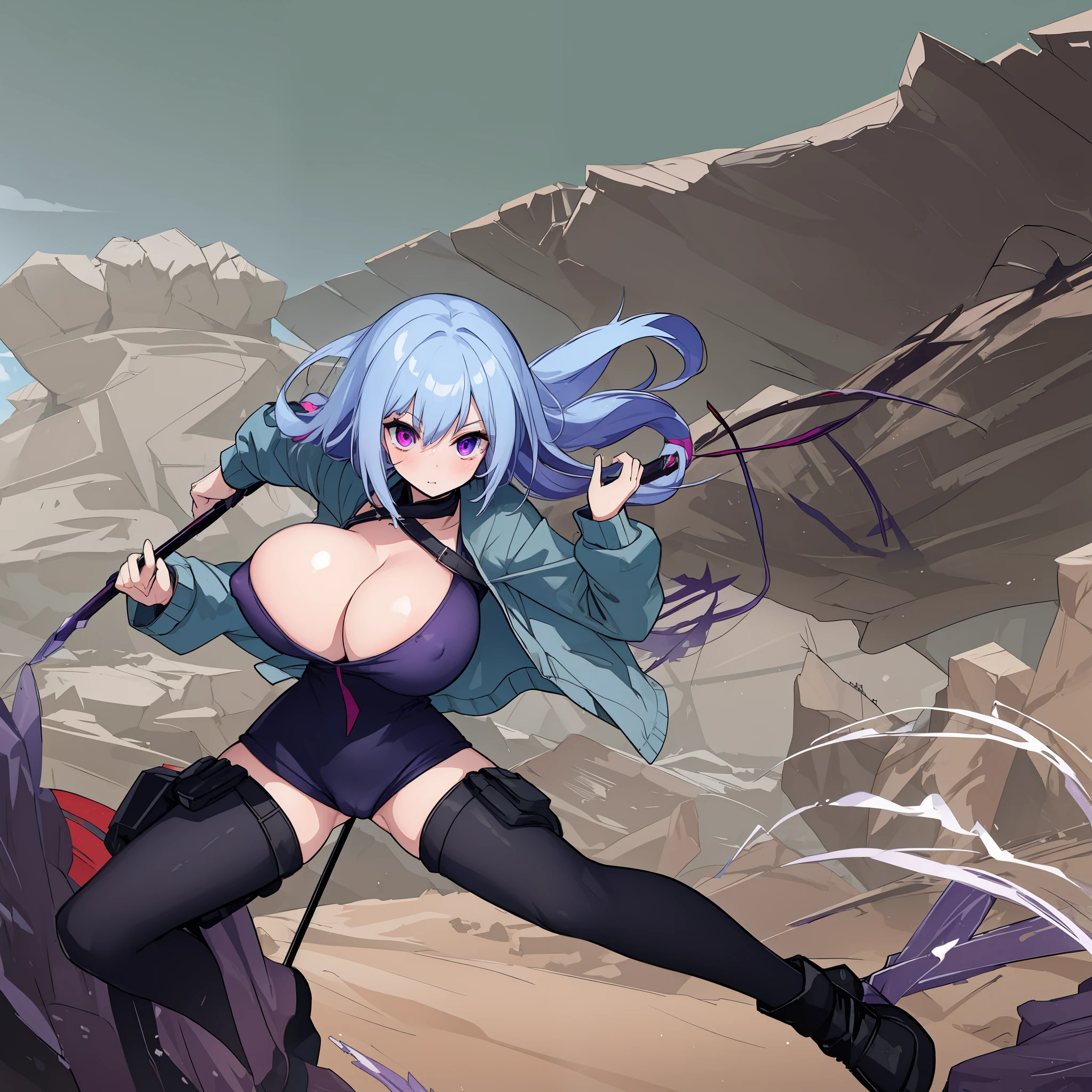 1 skinny girl, solo, light blue hair, (red and purple heterochromia), (red left eye and dark purple right eye:1.4), bending back, looking at viewer, BREAK, black plunging neckline short dress, dark yellow cropped jacket, black thighhighs, BREAK, (bouncing unaligned huge breasts:1.5), cleavage, very short torso, (inconceivably narrow waist), thin long legs, BREAK, holding a spear, BREAK, (show off crotch:1.4), desert, desert storm, strong wind, rocks at background