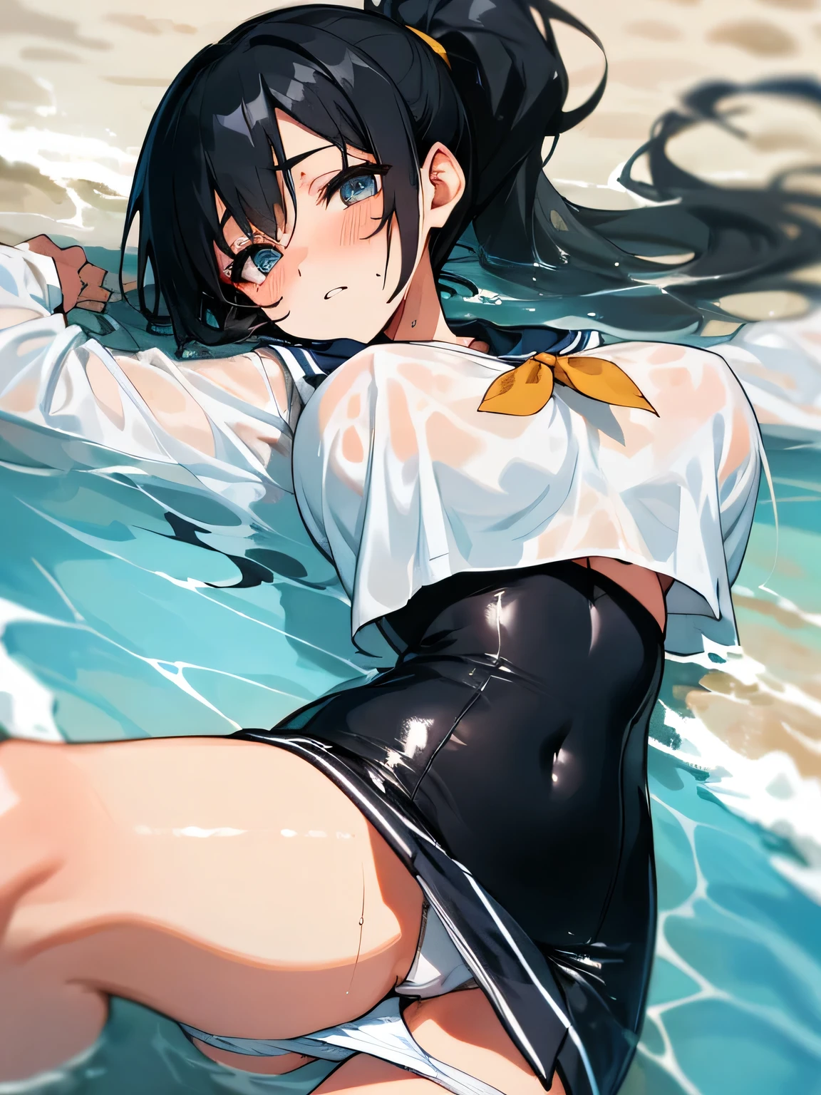 highest quality、High resolution、detailed background、Super detailed、beautiful and detailed face、beautiful and smooth skin、skin texture、professional lighting、Beautiful age girl、(huge breasts:1.1)、black hair ponytail、sexy sailor suit、Wet白い薄いセーラー服、Wet白い薄いプリーツのミニスカート、Thin white knee high socks、sleeveless、emphasize the chest、underboob、legs open、panty shot、cute、Raise your arms and show your sides、Thin white panties、lying on the beach、
全身がWet、My clothes are Wet and transparent、Wet、soak in water、See through、
He looks at me with cold eyes and a troubled face..、panty shot、camel toe