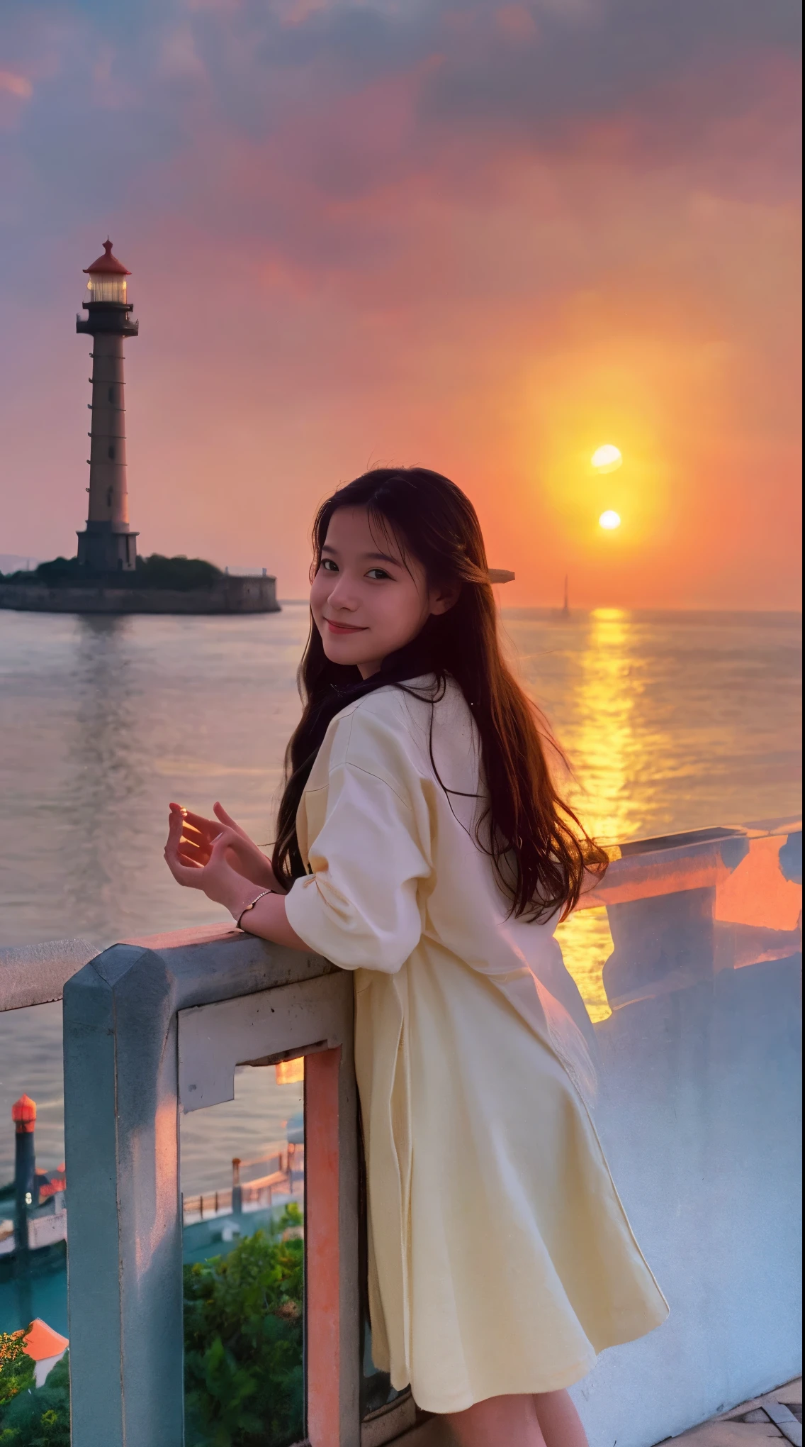 cinematic film still, 1girl, solo, little smile, beach,(sunset:1.1),  rio_kitagawa(gravure idol), solo,  star hair ornament, twin braids,sparkle, from behind, looking back, huge sunset,red floating, uniform, night, waving, sea, 1 lighthouse, . shallow depth of field, vignette, highly detailed, high budget, bokeh, cinemascope, moody, epic, gorgeous