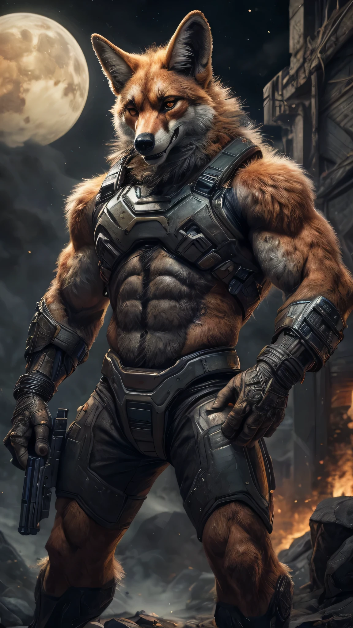 High detail, film, cinematic, realistic, masterpiece, male with(gun), (DOOM3), maned wolf, anthro, furry, maned wolf ears, detailed fur, solo, hell, mars, absurdres, best quality, HDR, high quality, high-definition, extremely detailed, 8k wallpaper, intricate details, 8K uhd, Full-HD, (by darkgem:0.7), (by shibashake:1.0), ((by darkvan:)), ((by oouna)), (by pino daeni:1.2)