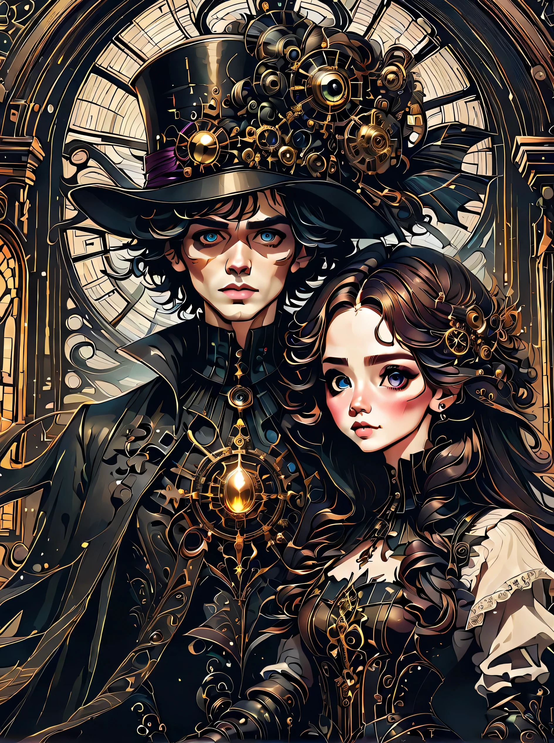 (Mejor calidad,Obra maestra:1.2,Detalles detallados),( una pareja heterosexual estilo dark,ojos grandes,Small pieces, cabello negro esponjoso),(oscuro Gothic,Victorian steampunk gothic style), oscuro, escenario oscuro con calaberas de adorno