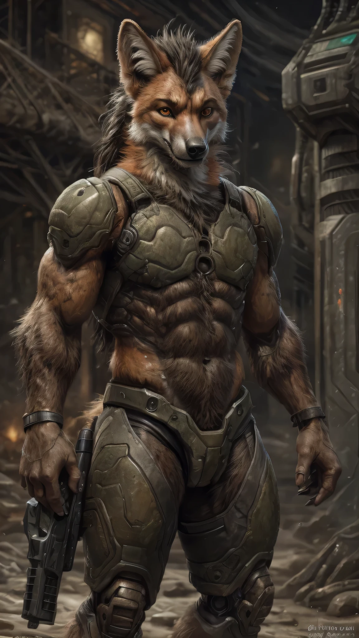 High detail, film, cinematic, realistic, masterpiece, male with(gun), (DOOM3), maned wolf, anthro, furry, maned wolf ears, detailed fur, solo, hell, mars, absurdres, best quality, HDR, high quality, high-definition, extremely detailed, 8k wallpaper, intricate details, 8K uhd, Full-HD, (by darkgem:0.7), (by shibashake:1.0), ((by darkvan:)), ((by oouna)), (by pino daeni:1.2)