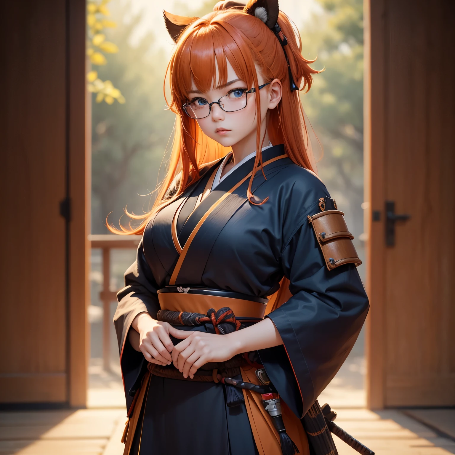 8k, masterpiece, best quality, realistic, higly detailed, cowboy shot, 1girl, solo, Itsuki Nakano, serious looking girl, medium-length hair, expressive ahoge, reddish-orange hair colour, a pair of star-shaped hairpins near both of her eyes, dark blue eyes, average height, well-endowed figure, wears glasses, cute, Samurai