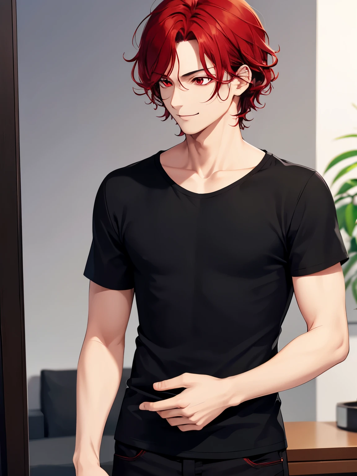 1boy, cool style,Black t-shirt, Facing right, look away, camera angle from the side,thin smile,handsome,Shoulder length hair,curly hair, red hair,black trousers, black shirt, red eyes, vampire