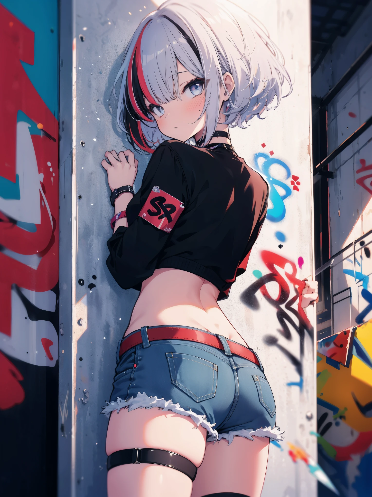 (cowboy shot), (best quality, ultra-high resolution, depth of field:1.2), adult, 1woman, solo, streaked hair, short hair, bangs, crop top, denim shorts, choker, (graffiti:1.4), paint splatter, arms behind back, (slouching), (leaning back:0.5), against wall, (leaning to the side:0.5), looking at viewer, armband, thigh strap, streaked hair, paint on body, upturned eyes, head down, head tilt, (from side:1), bored