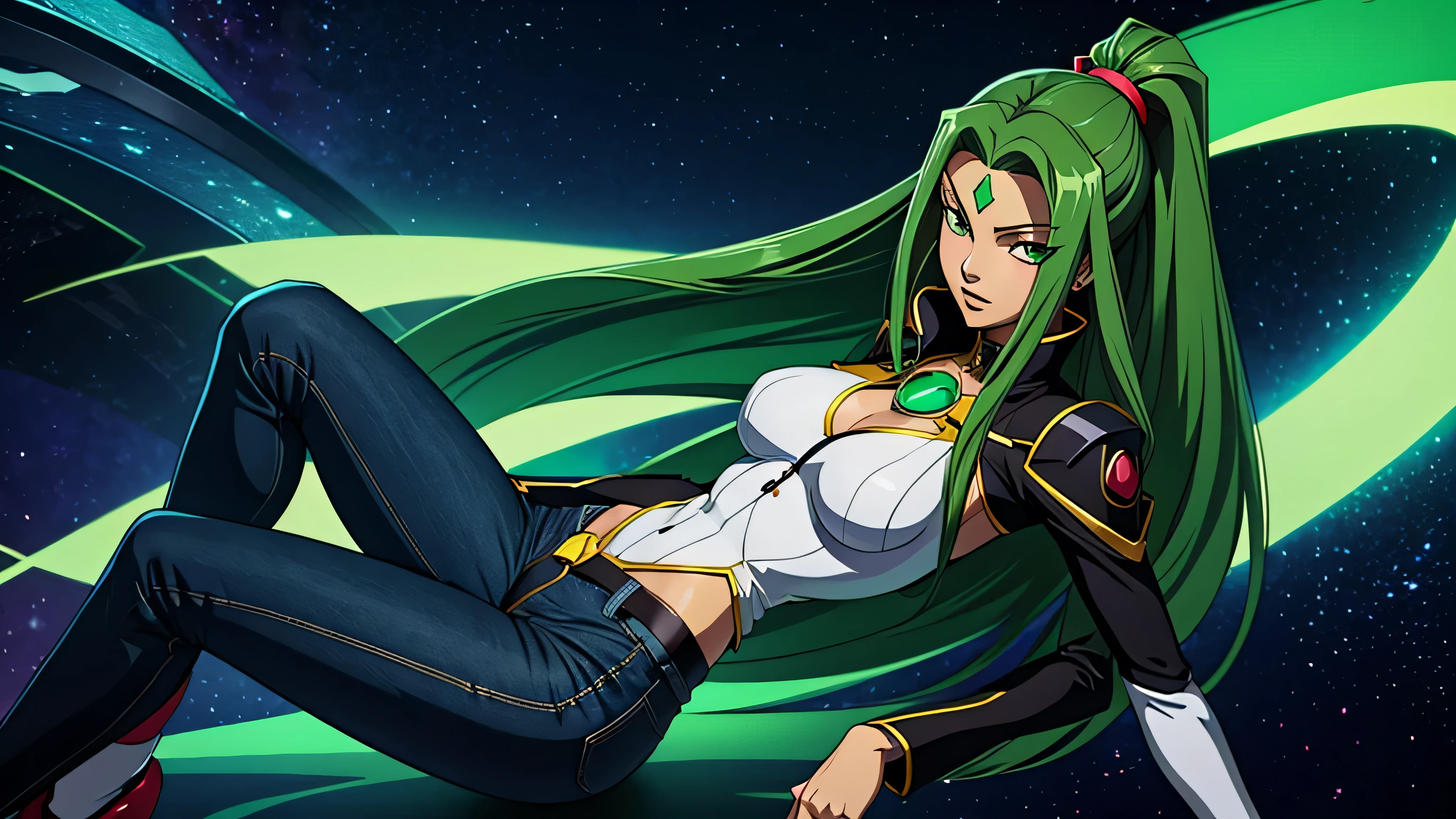 melhor qualidade, garota de anime, code geass, C.C., roupa jeans, roupa preta, ruas de tokyo, green neon