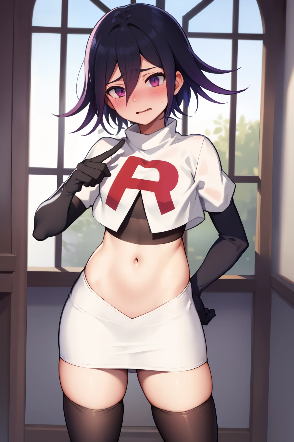 absurdres, cowboy shot, solo, male focus, trap, 1boy, crossdressing,1boy, oma kokichi, team rocket,team rocket uniform,white skirt,red letter R,crop top,black thigh-highs,black elbow gloves, embarrassed, blush