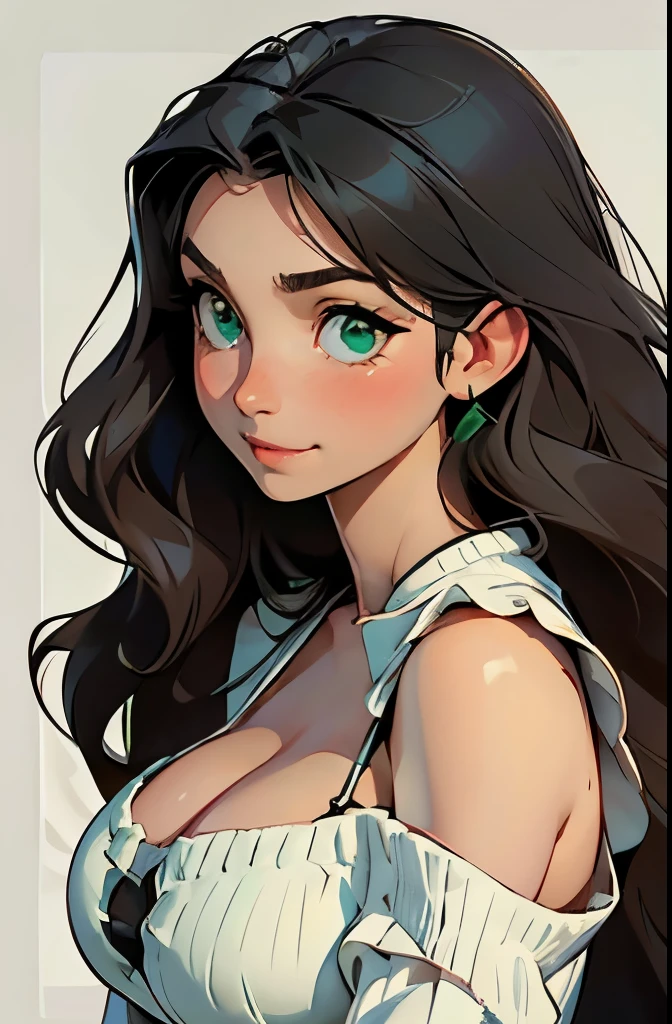 High quality, high definition, clear image, perfect face, perfect eyes, slightly drooping eyes, glamor, white skin, black hair, green eyes, slightly wavy hair, shoulder length hair, young woman, soft impression, kind impression, benevolent expression, eyes Smile, maxi dress, cardigan, , blush, profile, slightly looking up