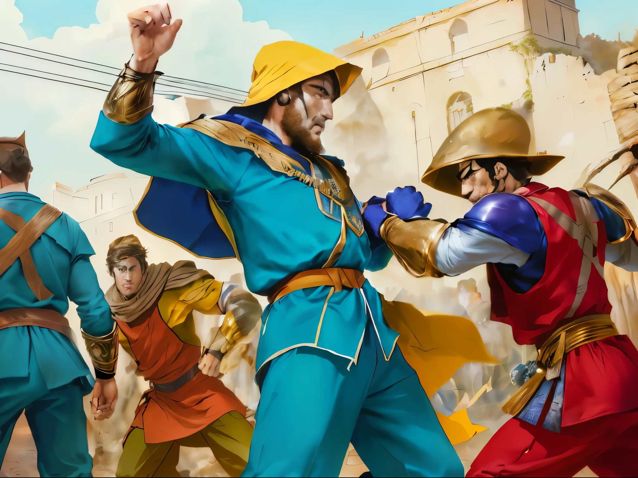 There are men fighting. there is a war. biblical costumes. Biblical setting. biblical style. comic book style. Estilo anime.