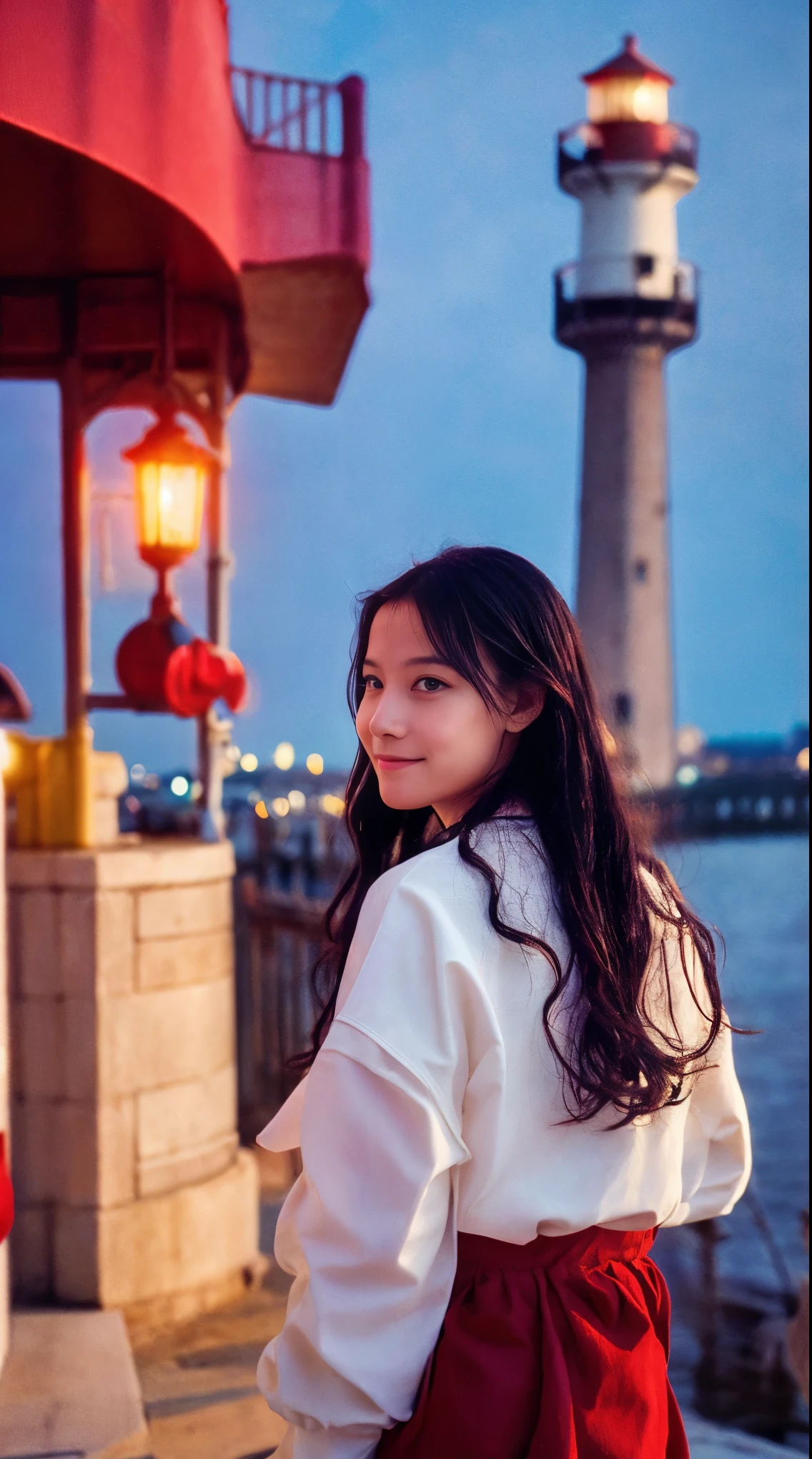 cinematic film still, 1girl, solo, little smile, beach,(sunset:1.1),  rio_kitagawa(gravure idol), solo,  star hair ornament, twin braids,sparkle, from behind, looking back, huge sunset,red floating, uniform, night, waving, sea, 1 lighthouse, . shallow depth of field, vignette, highly detailed, high budget, bokeh, cinemascope, moody, epic, gorgeous