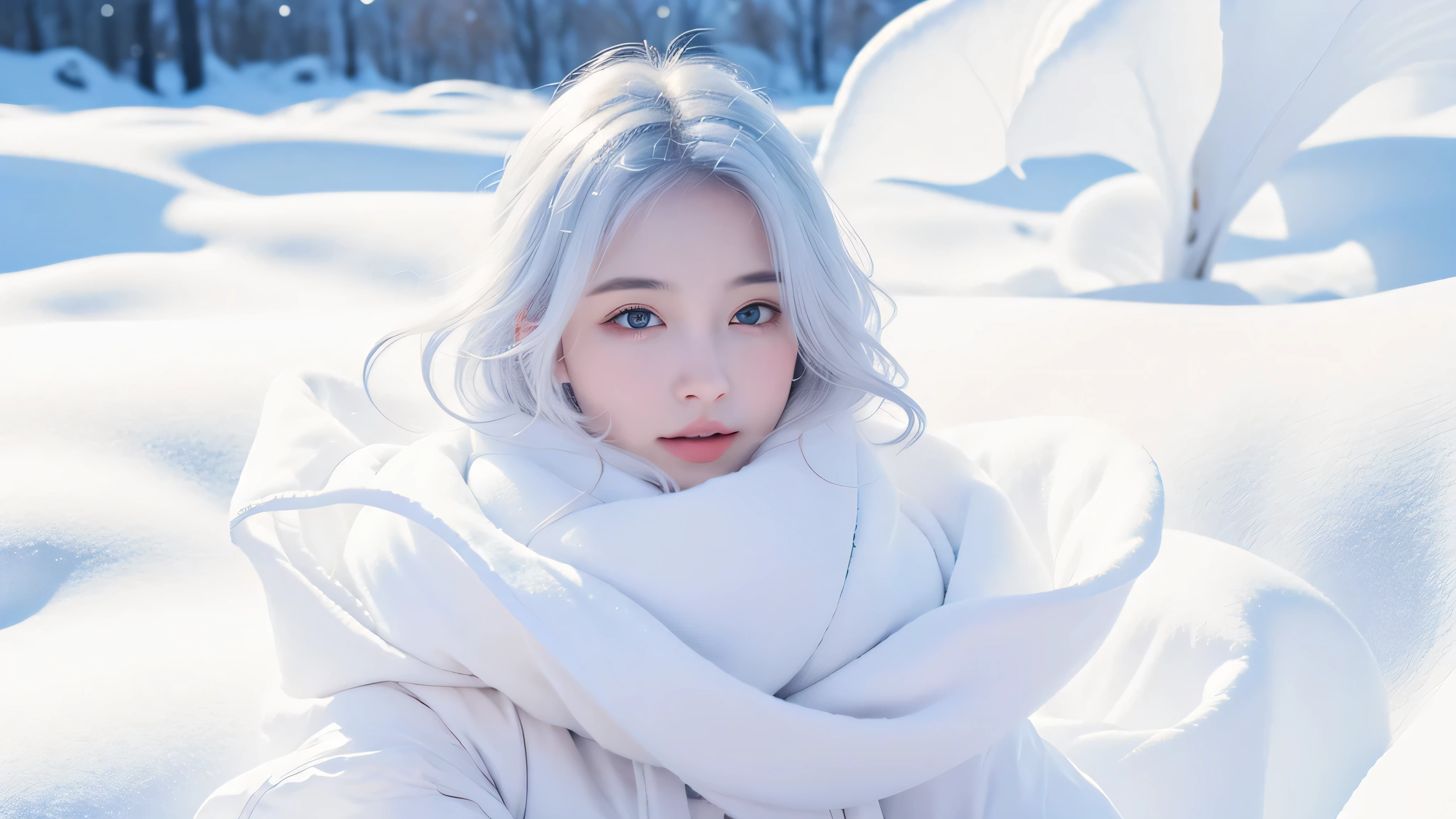 1 girl,(snow,ice), snow花, in winter, white hair, shiny hair, curls, transparent clothes, decorate, lace, wet clothes, leave_Shoulder, Headband,masterpiece, telephoto lens, absurd, Exquisite facial features